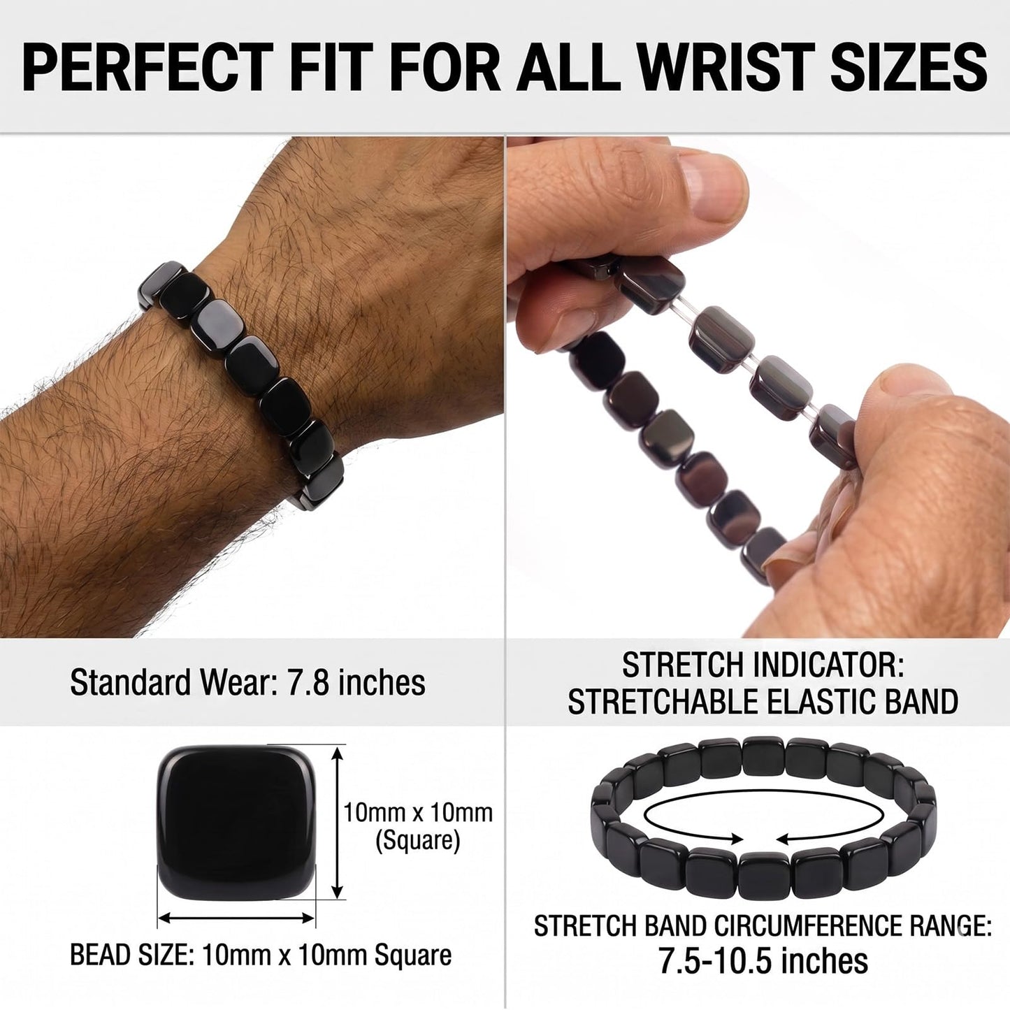 Jingming keji Mens Real Hematite Bracelet 7.8 inch - Natural Stone Square Beaded Black Jewelry with Strong Double Elastic Cord Wellness Power Bracelet with Gift Box