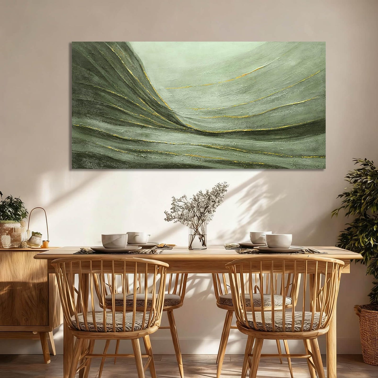 MLART99 Large Green and Gold Abstract Canvas Wall Art 24x48 Inch Modern Minimalist Painting for Living Room Bedroom Office Above Couch Wall Decoration Home Décor