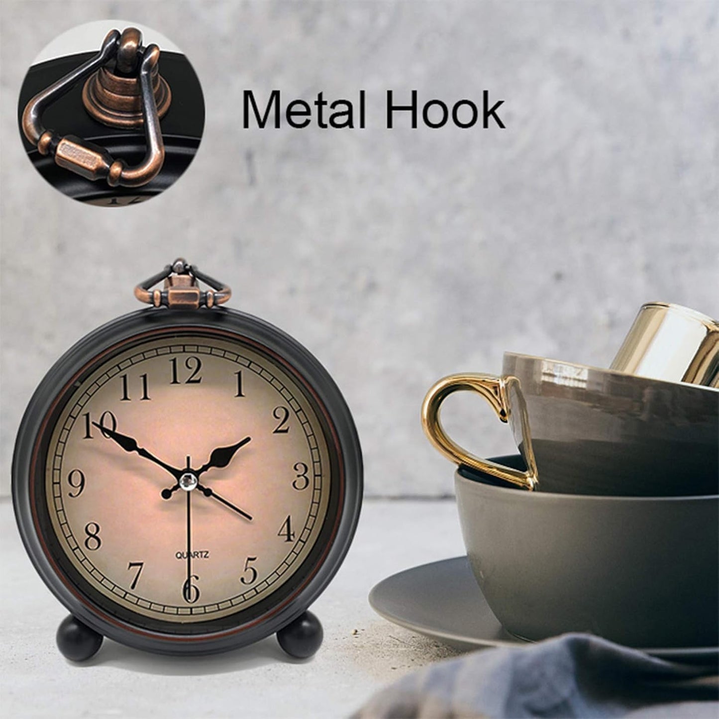 TooTa Vintage Retro Analog Alarm Clock, 4 inch Super Silent Non Ticking Small Clock with Night Light, Battery Operated, Simply Design, for Living Room, Bedroom, Bedside, Desk, Gift Clock (Arabic)