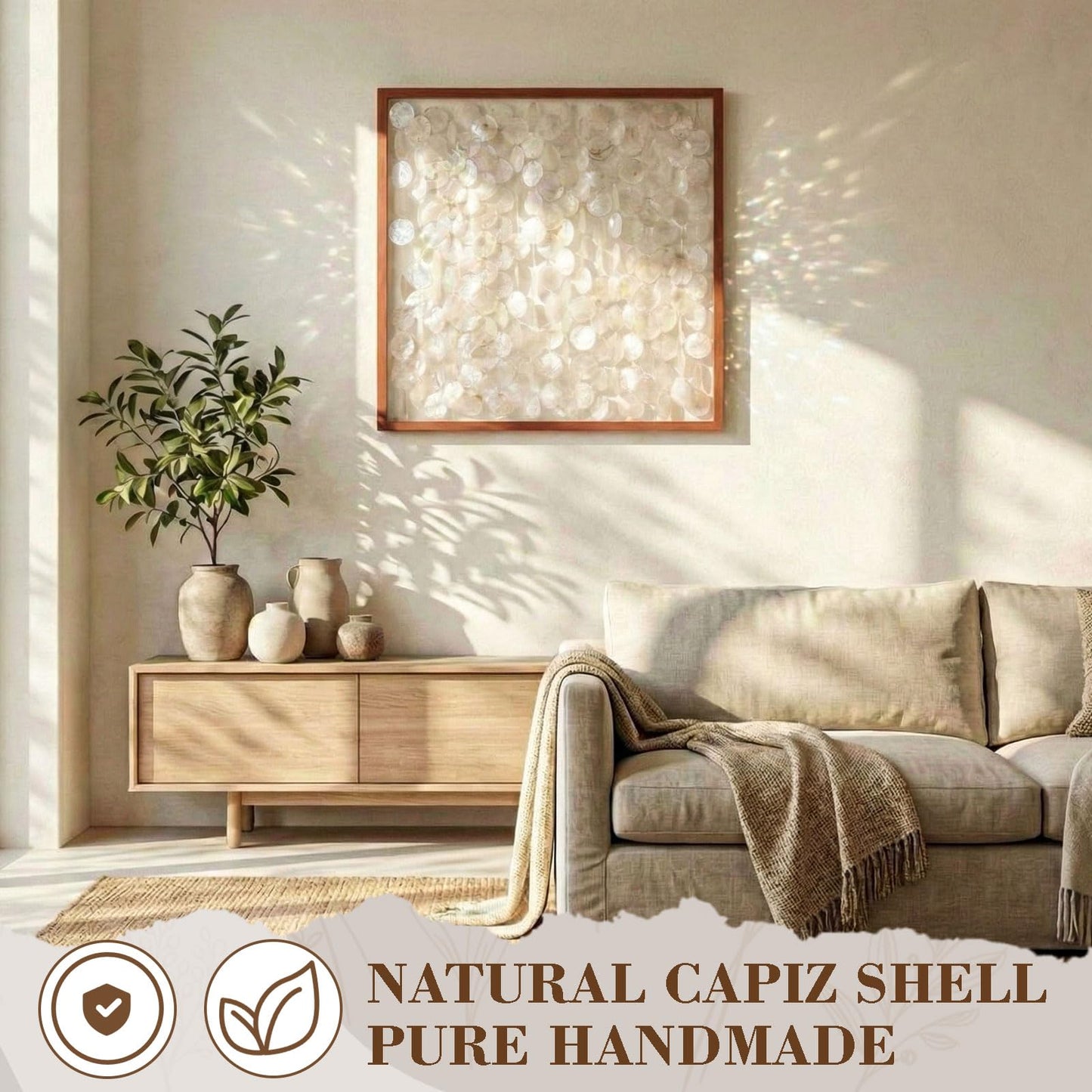 Yerliker 1 Pcs 24"x24" Capiz Shell Wall Decor Handmade Coastal Wall Art with Solid Wood Frame 3D Minimalist Natural Ocean Sea Shell Decor Frame Beach Nautical Art for Home Living Room Office Bedroom