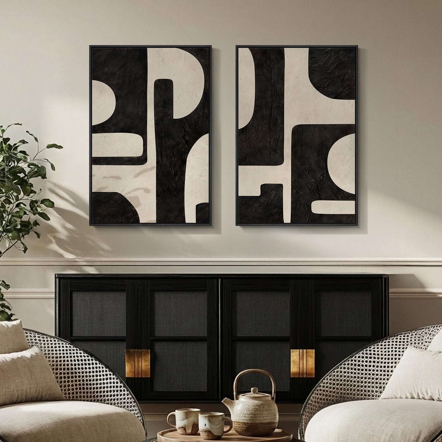 Large Framed Abstract Set of 2 Wall Art for Living Room, Neutral Black Beige Geometric Modern Canvas Artwork for Walls, Minimalist Painting Print Wall Decor Bedroom Hallway Home Office, 24x36 Inch