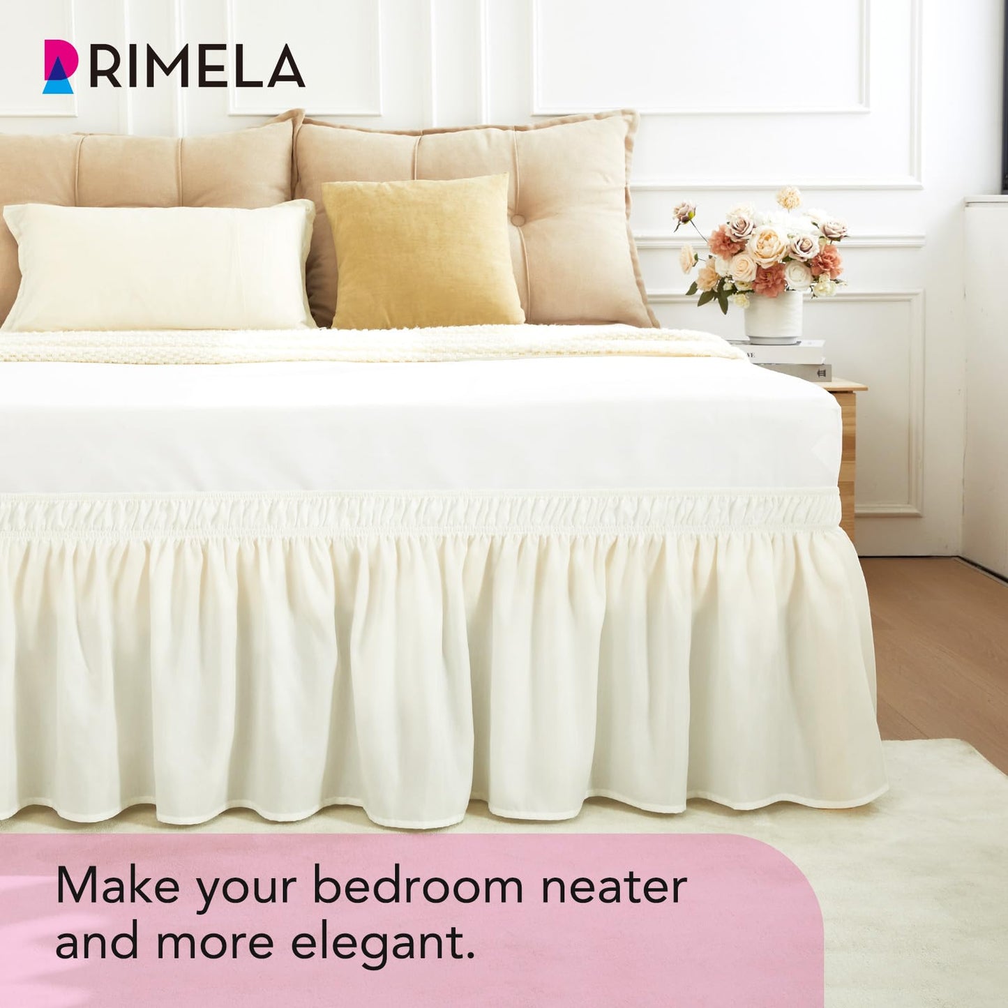 RIMELA Cream Bed Skirt Queen Size 15 Inch Drop, Elastic Bed Skirting for Bed Base and Frame, Bedding Dust Ruffle Easy to Install, Lightweight Wrap Around Adjustable Bedskirt
