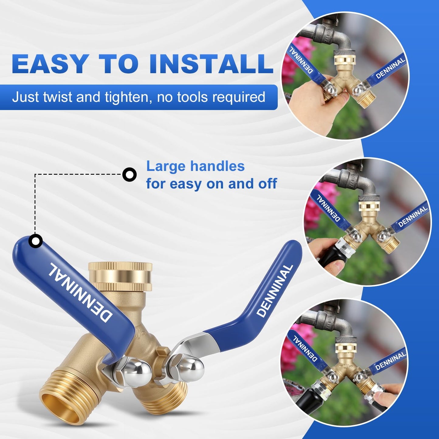 Denninal Brass Garden Hose Splitter 2 Way Heavy Duty with 304 Stainless Steel Long Handle, Outdoor Full Flow Hose Bib Splitter Connector, Y Valve 3/4 Inch GHT Thread