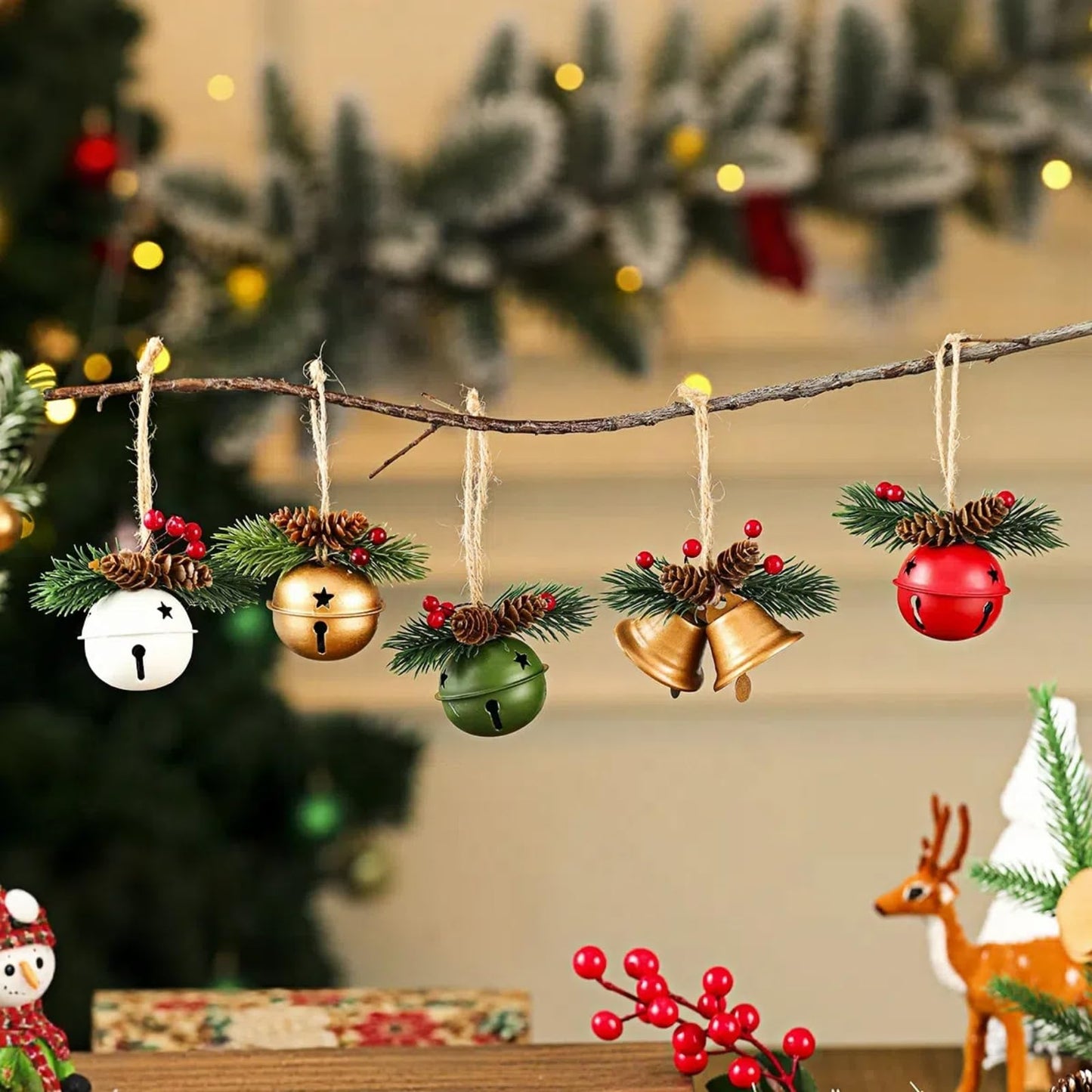 5 Pack Rustic Christmas Bell Ornaments with Pinecones & Berries - Metallic Hanging Decor for Christmas Tree,Mantel,Home (Green,Gold,Red,White)