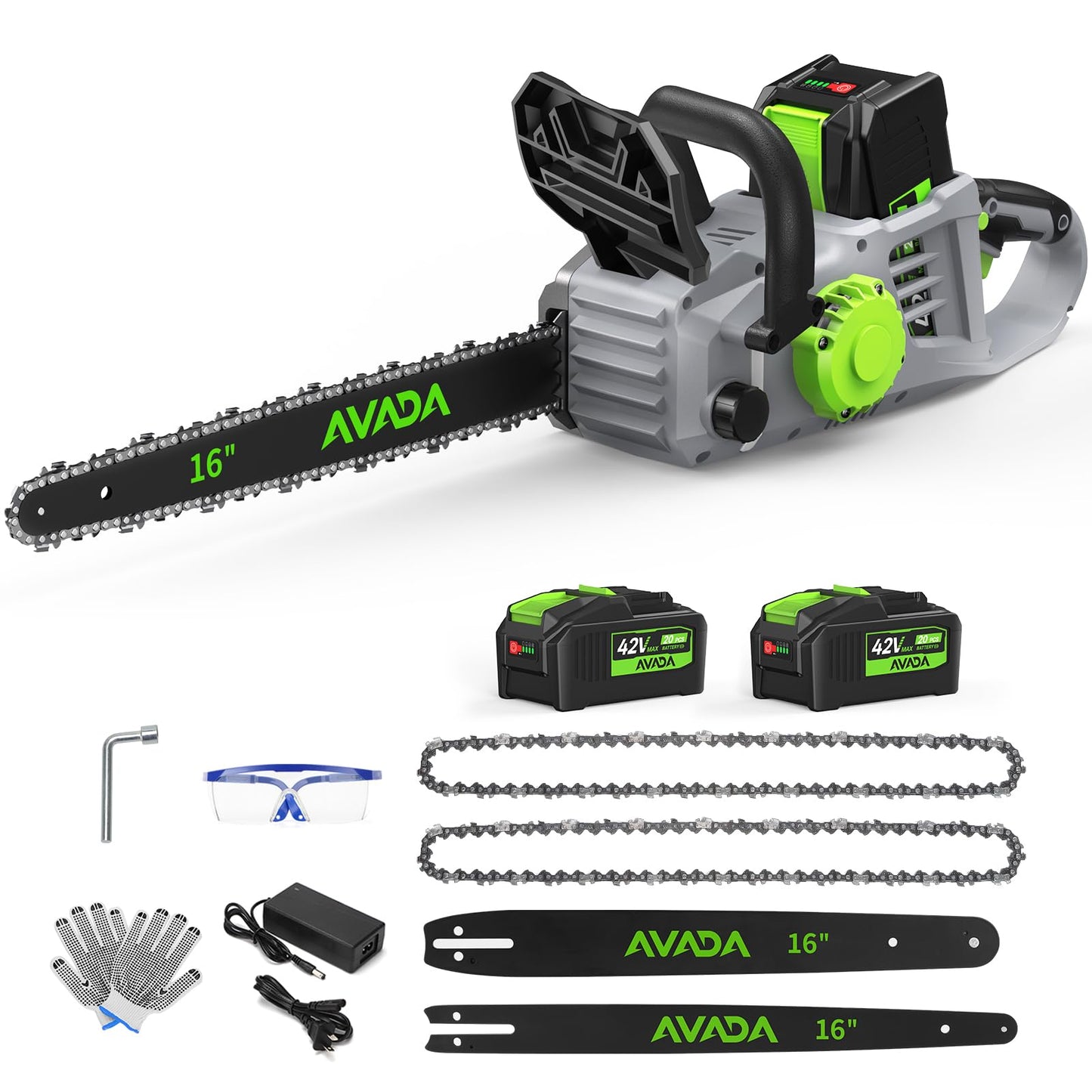 Electric Chainsaw Cordless, 42V 16 Inch Battery Chainsaw with Brushless Motor and Quiet Superior Cutting Power, Hand Battery Powered chainsaw for Tree Trimming Wood Cutting, 2 Battery and Charger