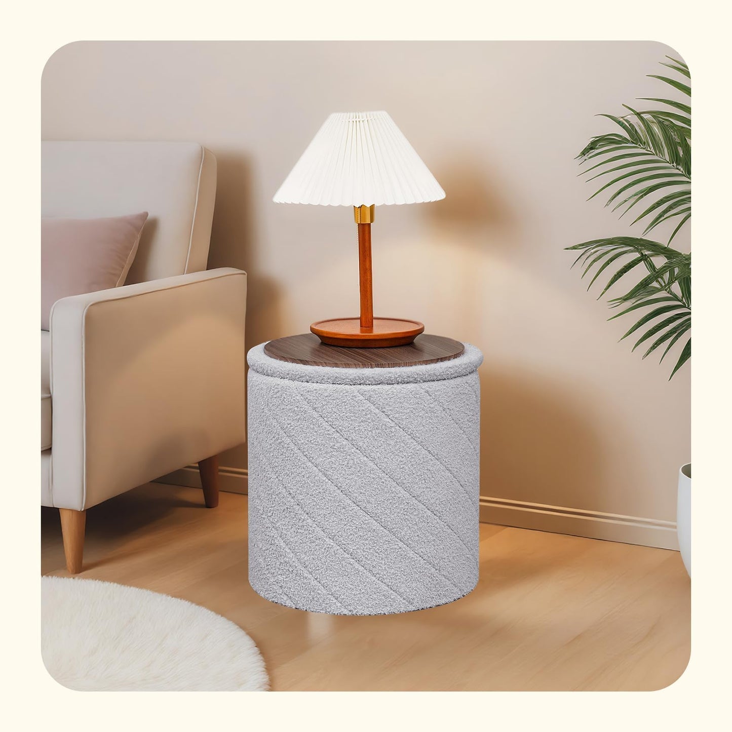 PINPLUS Ottoman with Stroage Round Boucle Ottoman and Tray Sherpa Removable Foot Stool Coffee Table for Dorm, Living Room Grey, 16.9"x16.9"x17.7"