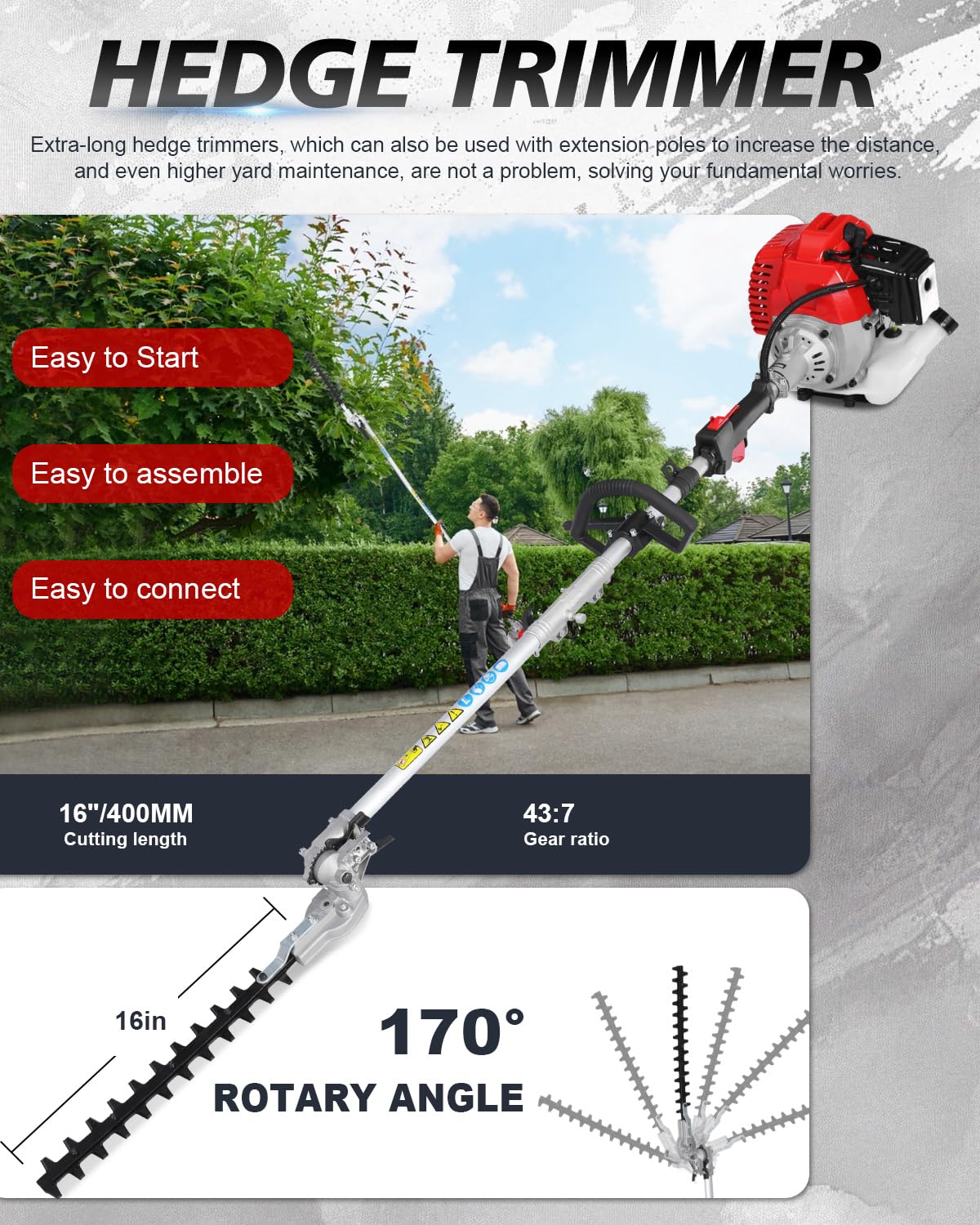 WTHW 52CC Gas Weed Wacker & Weed Eater Multi-Tool - Heavy Duty Brush Cutter, Pole Saw, Hedge Blade, String Line & 40-Inch Extension - Anti-Vibration Design, Fast Cold Starts (Red)