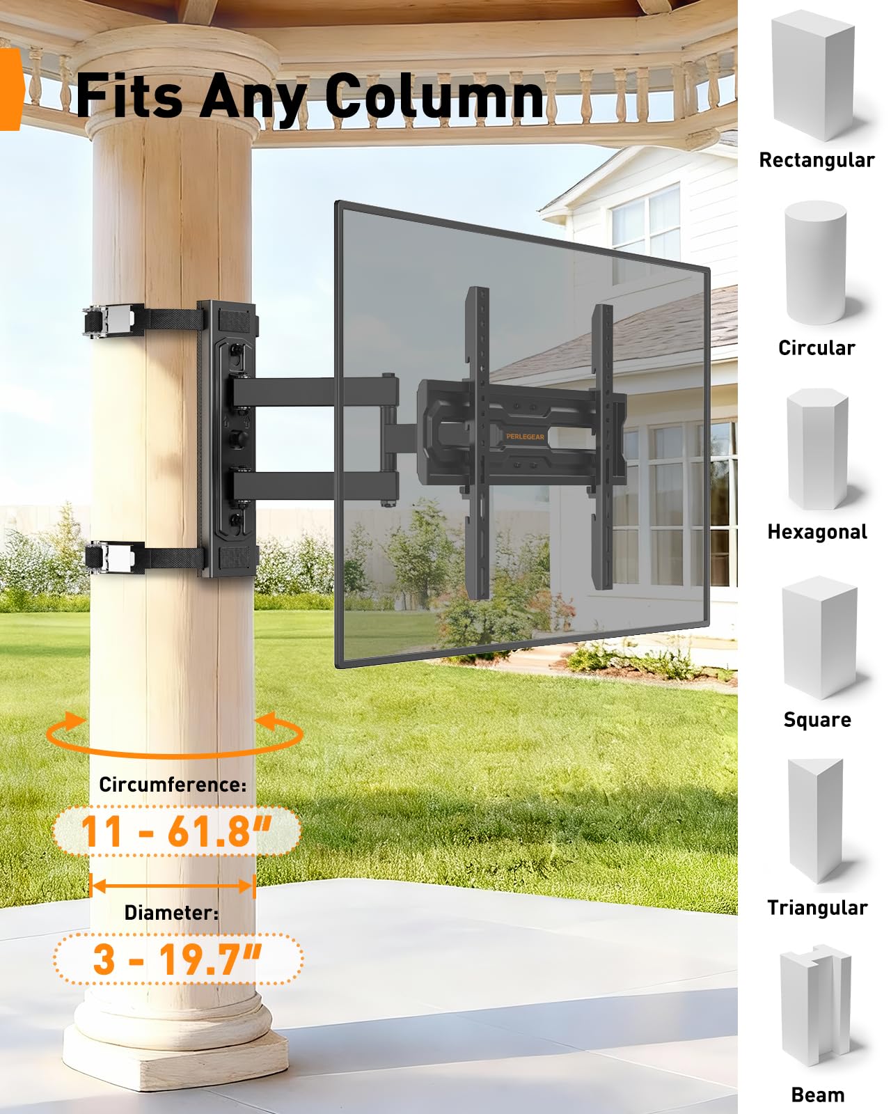 Perlegear Gazebo TV Mount for Most 26"-74" TVs, No Drill Pillar TV Mount for Round & Square Columns, Full Motion TV Post Mount for Gazebo, Pole, Patio & Pergola, Holds up to 88 lbs, Max VESA 400x400mm