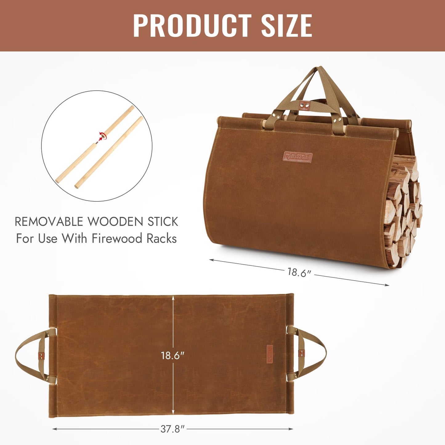 Zettfuly Firewood Carrier with Handles - Waxed Canvas Log Carrier for Firewood, Woods Carrier for Firewood Tote Bag 38x19in, Water Resistant Log Tote Wood Carrying Bag, Wood Stove Accessories, Rust