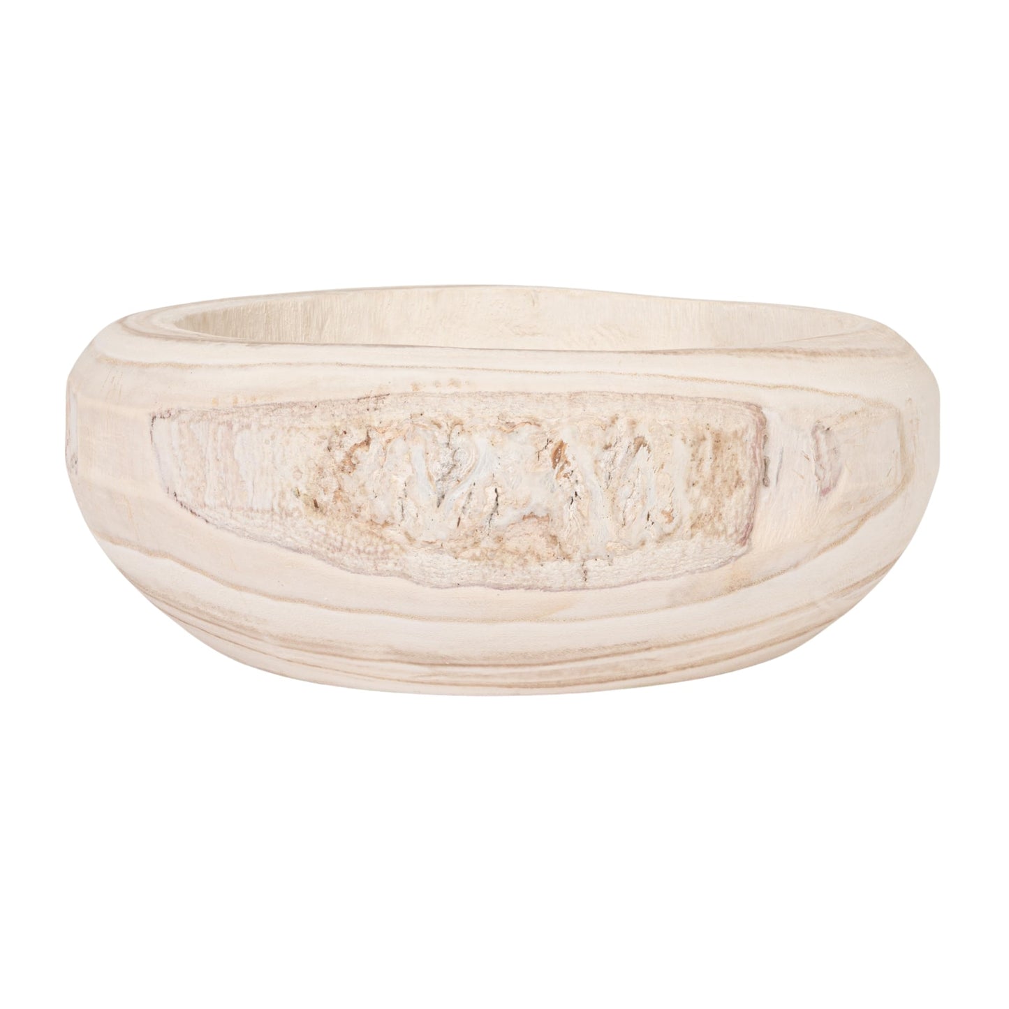 Bloomingville Decorative Hand-Carved Paulownia Wood Bowl, Whitewashed, 10.5 in Diameter, 4.25 in Tall