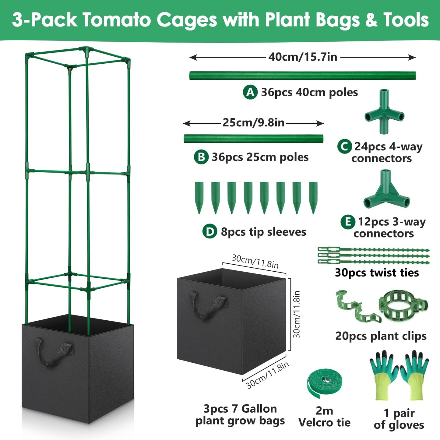 LifeisLuck 3 Pack Tomato Cage for Garden, Upgraded Fiberglass Garden Trellis with 3 PCS Grow Bags, Square Tomato Planter Support Garden Cages for Cucumber Vegetables Vertical Climbing Plants