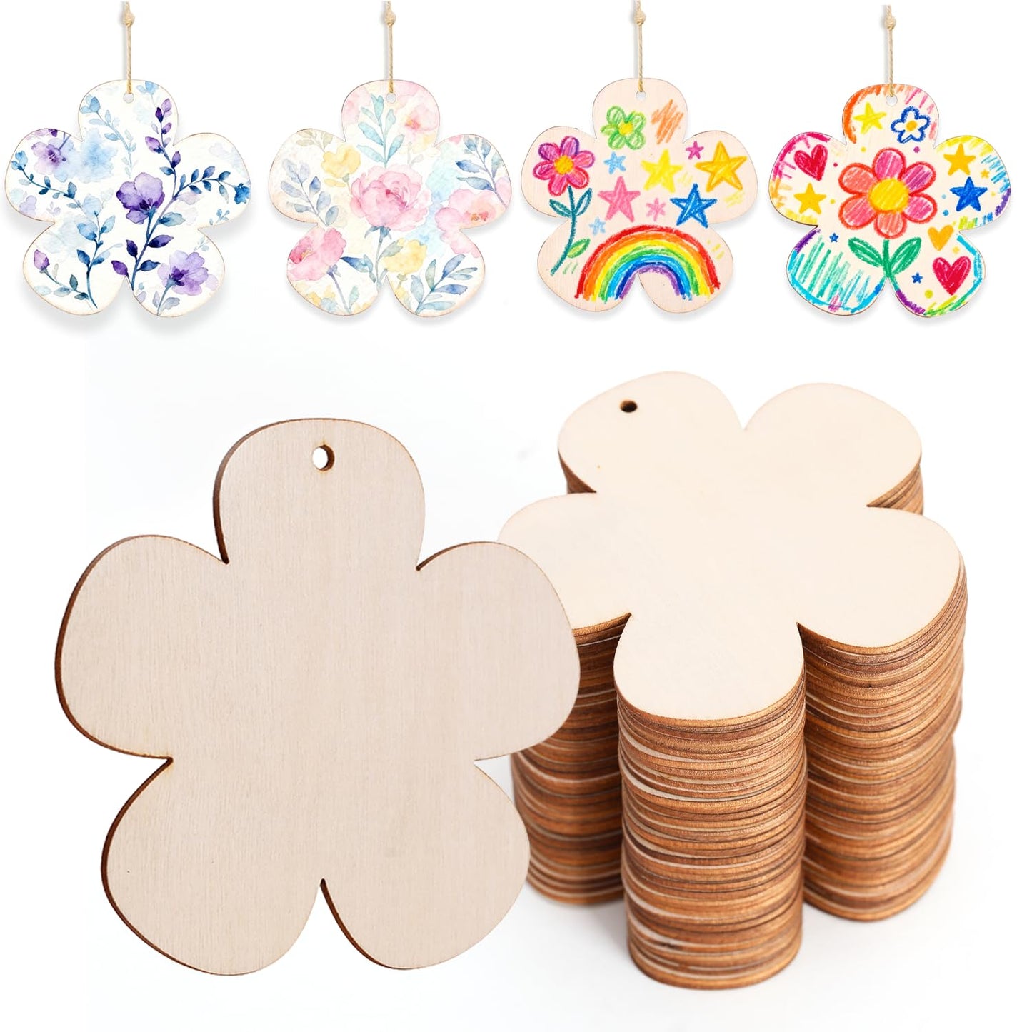 50 PCS Wooden Flowers for Crafts, Flower Shape DIY Blanks Unfinished Wood Crafts to Paint, Wooden Ornaments for Crafts Hanging, Unfinished Wood Cutouts for Christmas Tree Decorations, 3.4 * 3.5 inch