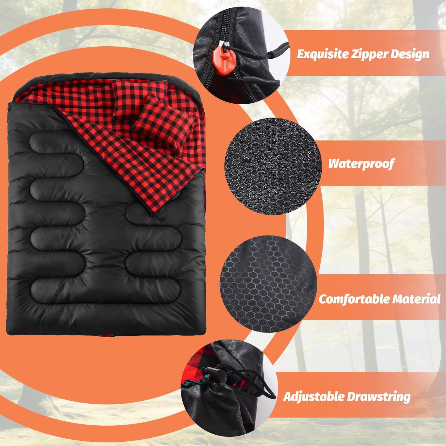Swtmerry Double Sleeping Bag for Adults with 2 Pillows, Big & Tall Queen Size XL Sleeping Bag for 2 Person, Waterproof & Lightweight Warm for 3 Seasons, Cold Weather,Camping, Hiking & Backpacking