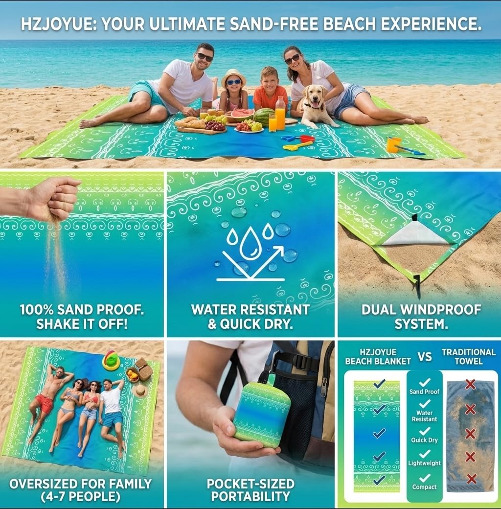 HZJOYUE Oversized Beach Blanket (79" x 79") - Sandproof & Waterproof Outdoor Picnic Mat for 4-7 Adults - Lightweight, Foldable & Portable Ground Cover for Travel, Camping, Festivals
