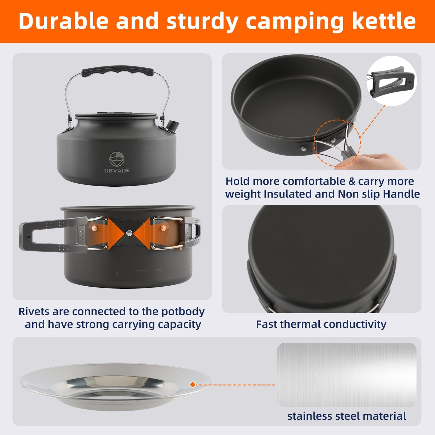 17-Piece Camping Cookware Set, Lightweight Backpacking Pot & Pan Kit with Non-Stick Anodized Aluminum, 0.45Gal Pot, 0.30Gal Kettle, 2 Cups & Cutlery Sets, Compact for Hiking, Camping, Picnic