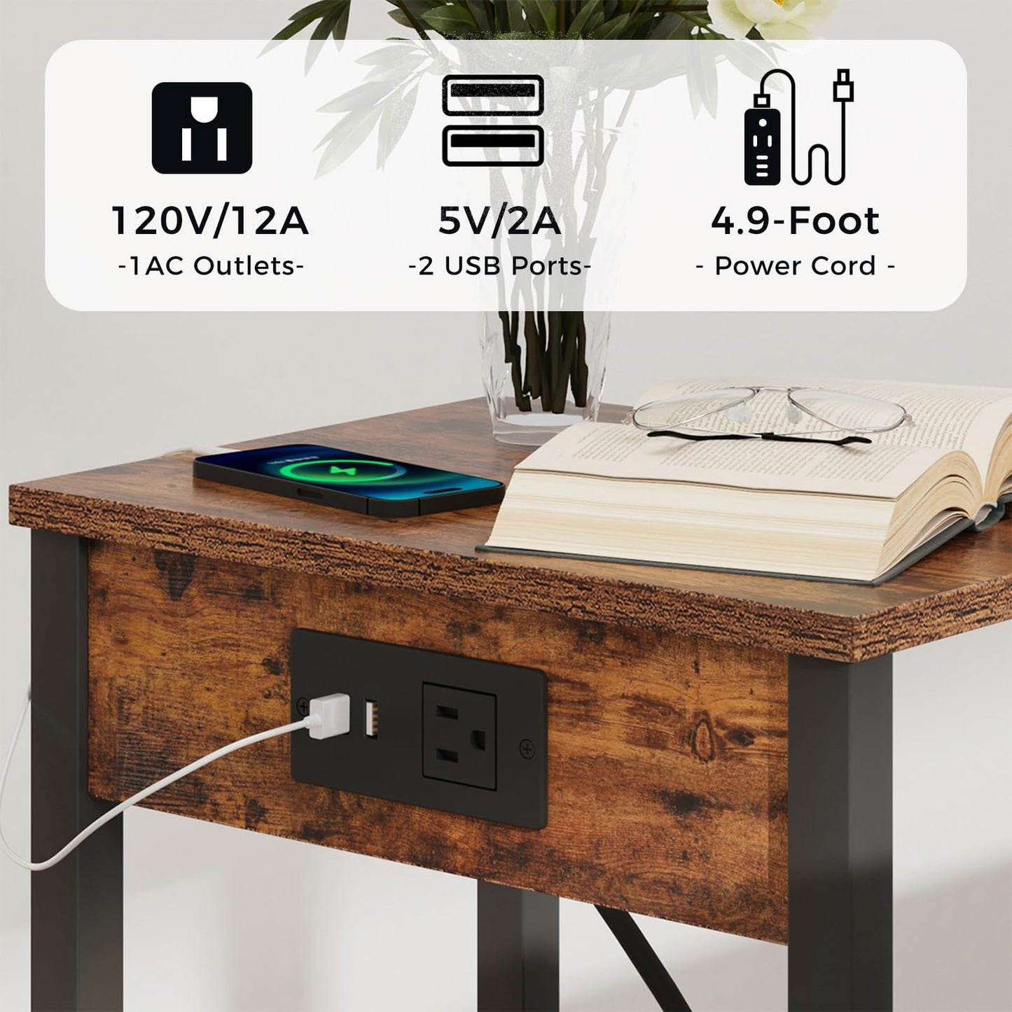 VIMBER Side Table with Charging Station, Set of 2 End Tables with USB Port and Outlets, Nightstands with 2-Tier Storage Shelves, Sofa Table for Small Space, Living Room, Bedroom, Rustic Brown 102F2