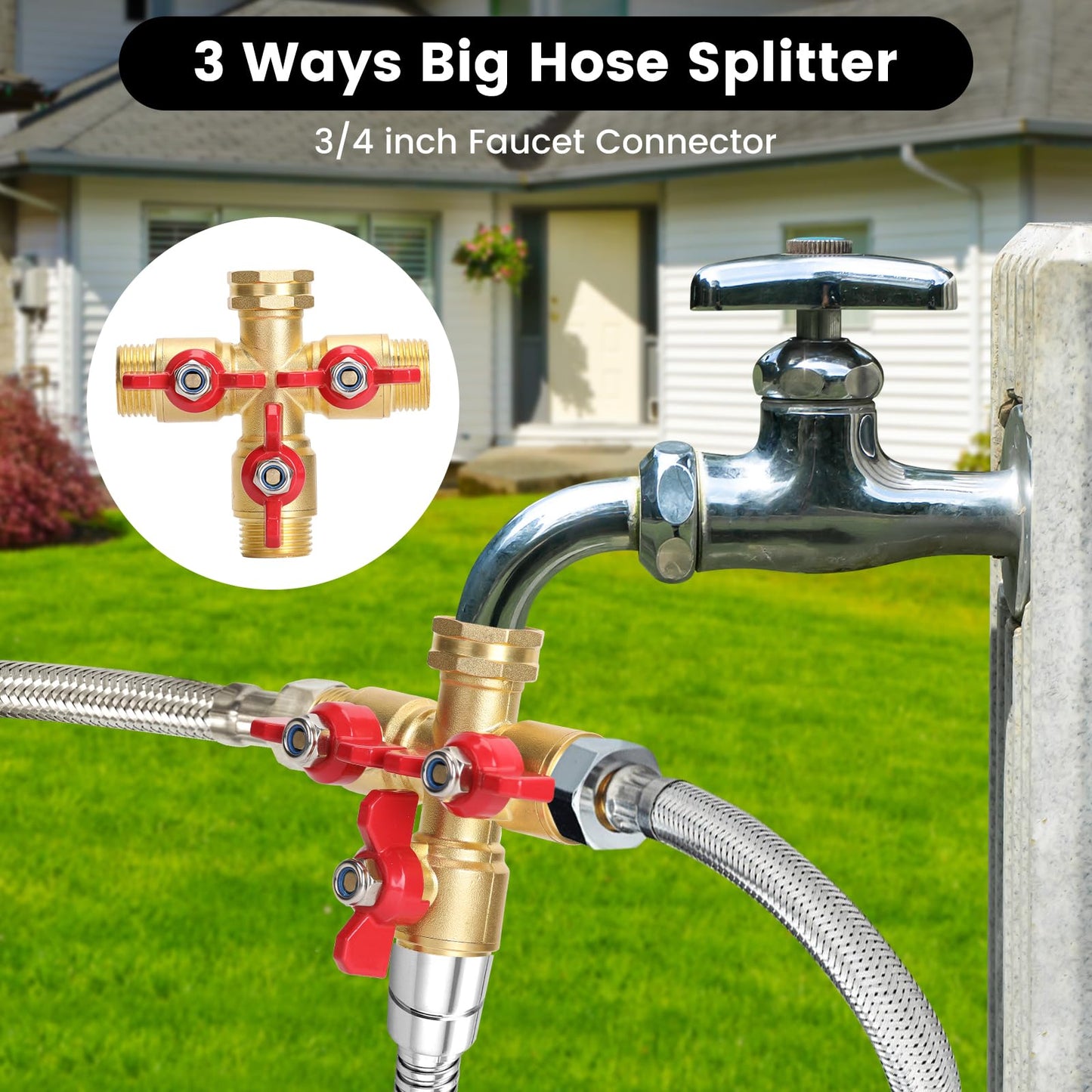 Garden Hose Splitter 3 Way, Heavy Duty 3-Way Brass Valve Garden Hose Splitter With Stainless Steel Long Handle, Full Flow Hose Splitter Connector, Valve 3/4 Inch GHT Thread