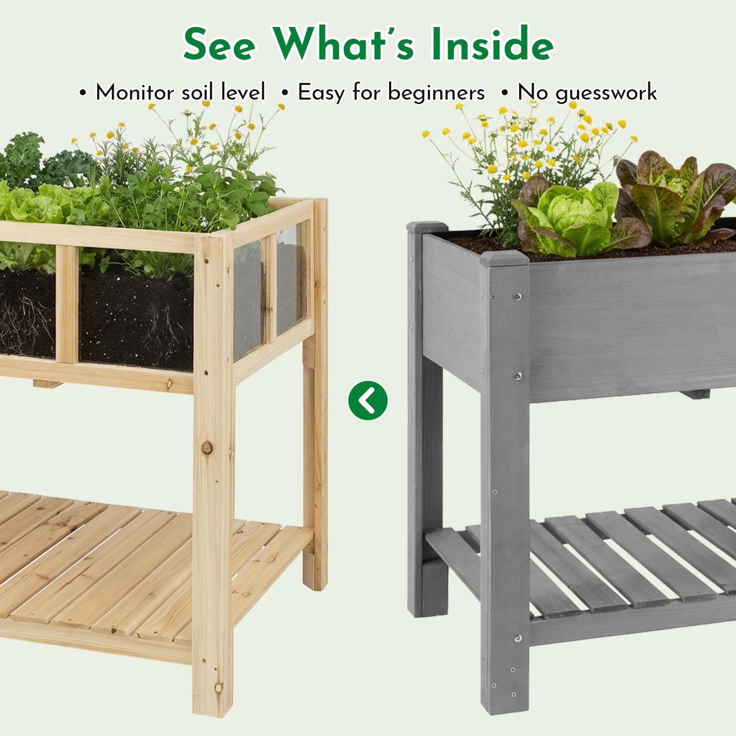 ketive Raised Garden Bed with Transparent Acrylic Panels, Elevated Wooden Raised Garden Bed Planter, Fir Wood Outdoor Planter Box for Herbs, Flowers & Patio Balcony Gardening (Natural)