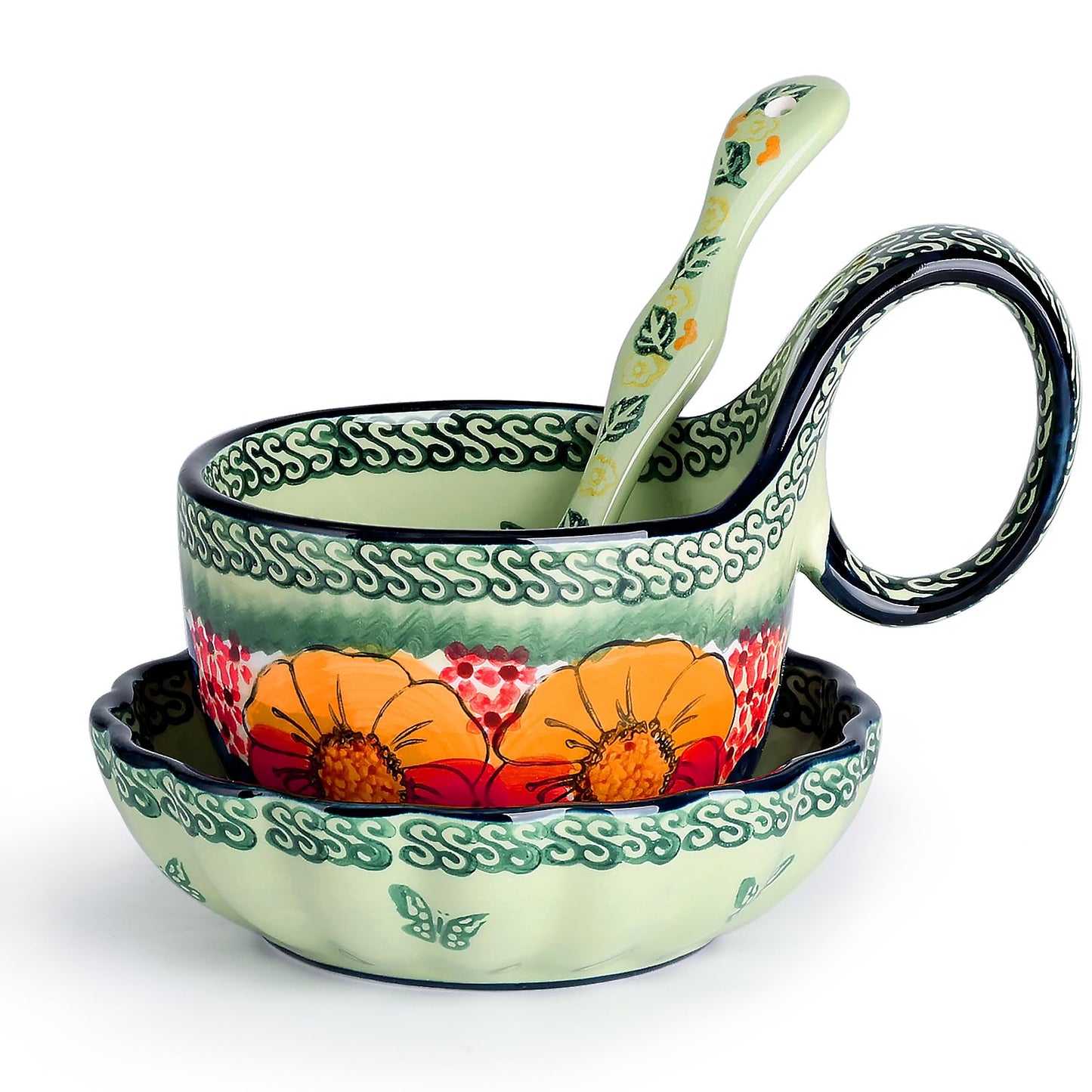 silesia Handmade Loop Handle Soup Bowl, Plate and Spoon Set Ceramic Hand Painted Cereal Bowl Great for Soup, Ice cream, Snack, Stew in Gift Box, Dishwasher & Microwave Safe, Glazed Green