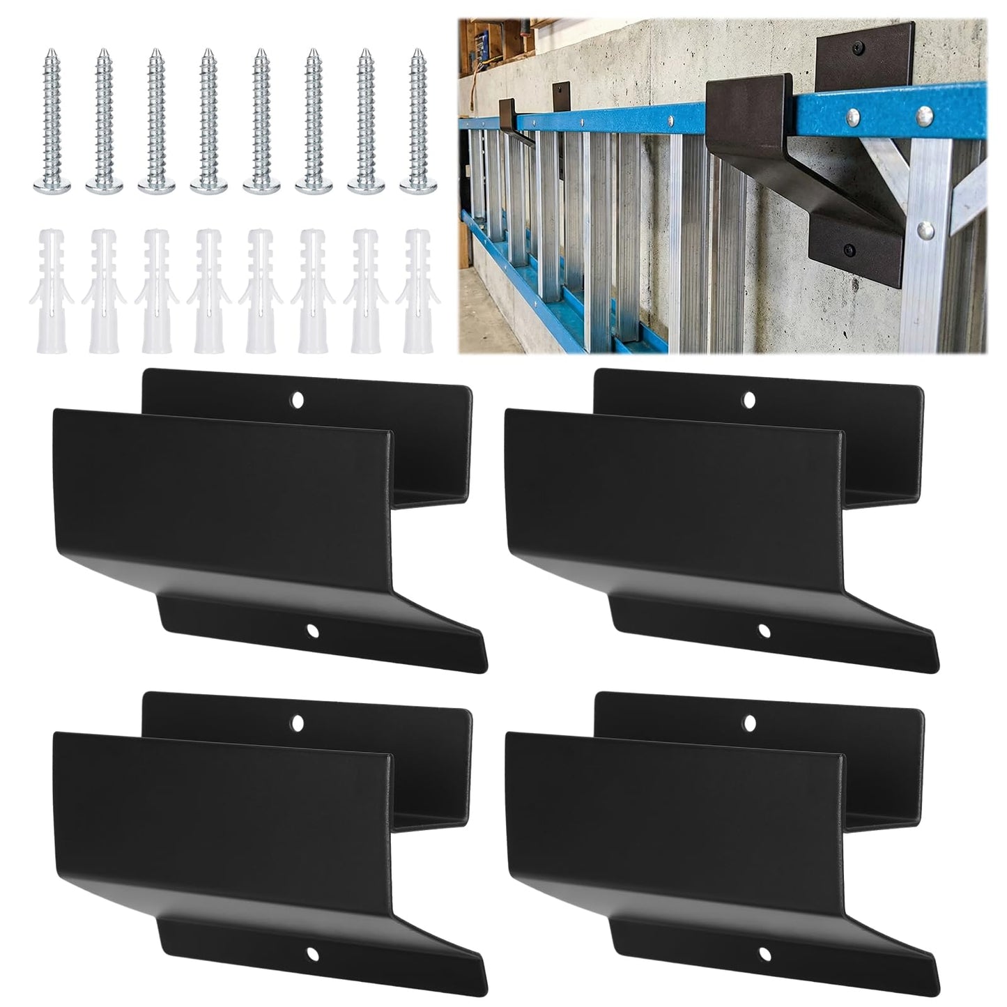 Beeveer 4 Pack Ladder Hooks for Garage Wall Heavy Duty Steel Ladder Brackets with Mounting Hardware, Heavy Duty Utility Hanger for Step, Wheelbarrow & Garden Tools Storage, 50 Lbs Capacity