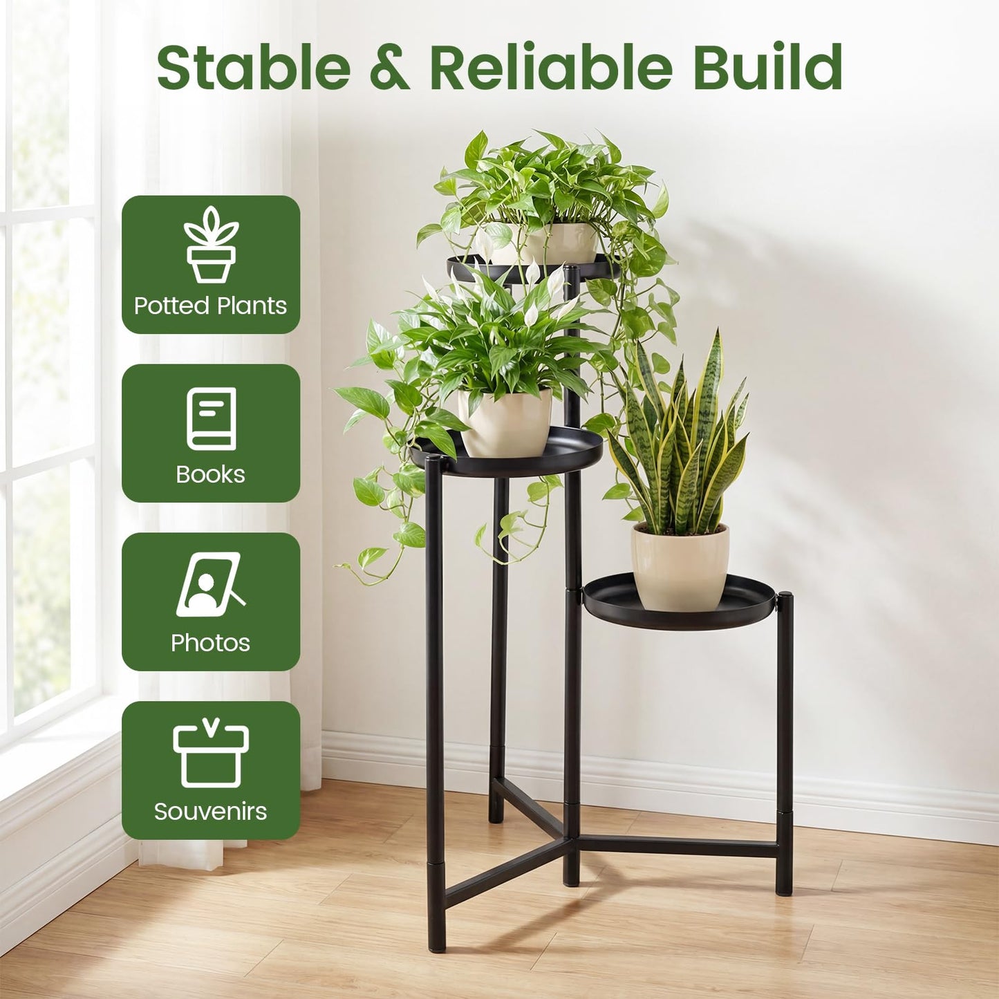 Giantex 3-Tier Metal Plant Stand Indoor Outdoor, Tall Corner Flower Pot Holder Display Rack for Living Room Balcony Patio Garden Office, Heavy Duty Vertical Shelf, Metal Plant Rack Organizer, Black