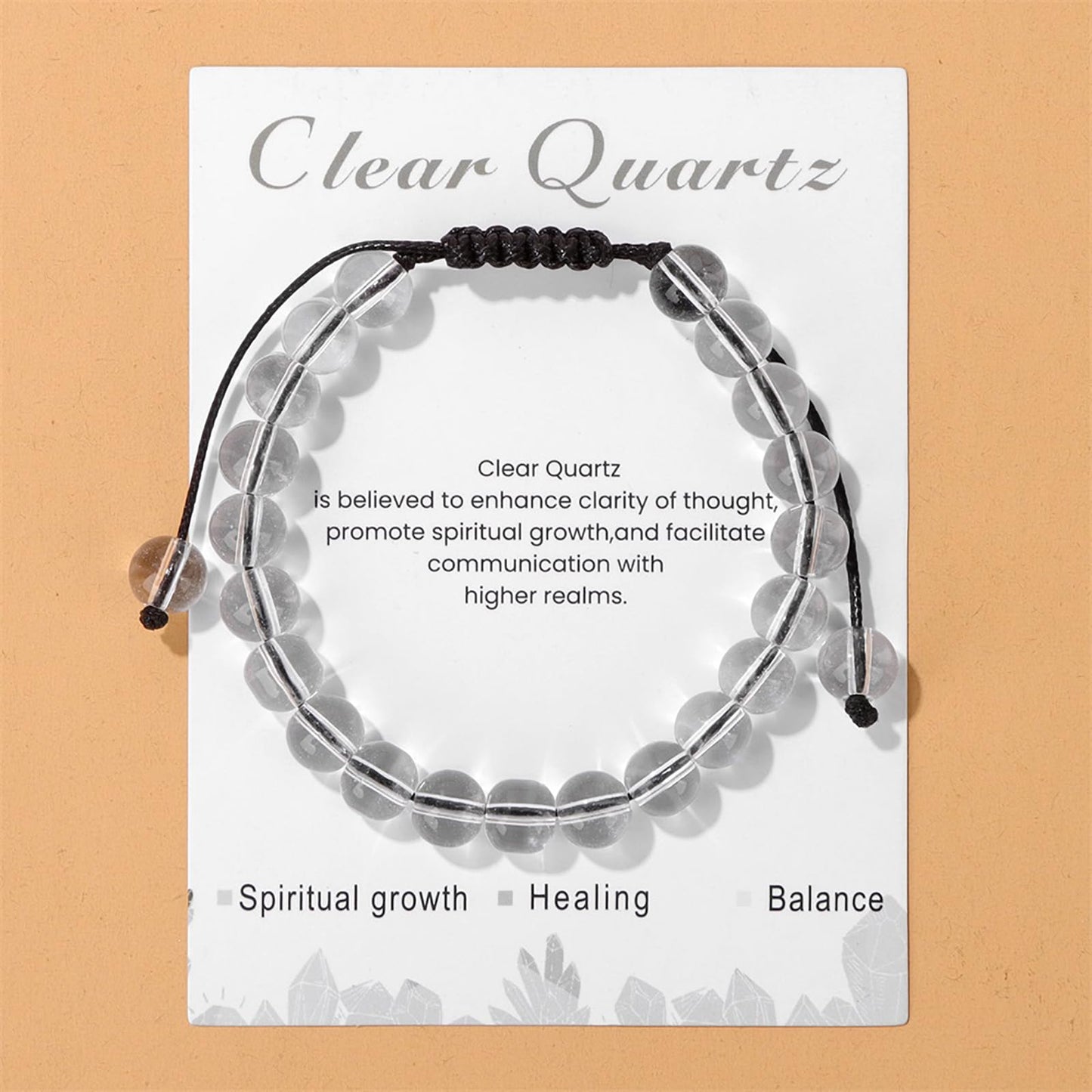 Lit Wall Clear Quartz Bracelet for Women 8mm Handmade Adjustable Natural Stone Healing Crystal Bracelet, Strand, Toggle Clasp, White, Clear Quartz, April/December Birthstone