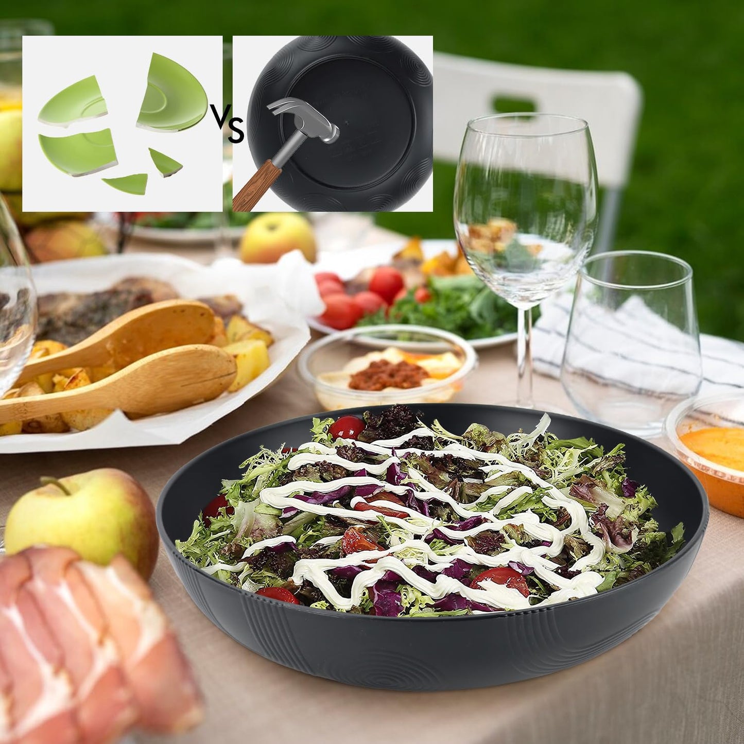 Wrova Large salad bowls,65oz Salad bowls set of 2,Unbreakable Plastic bowls Microwave & Dishwasher Safe Bowls,Wheat Straw Serving Bowls for Salad, Cereal, Fruit, Dishwasher Safe.Black