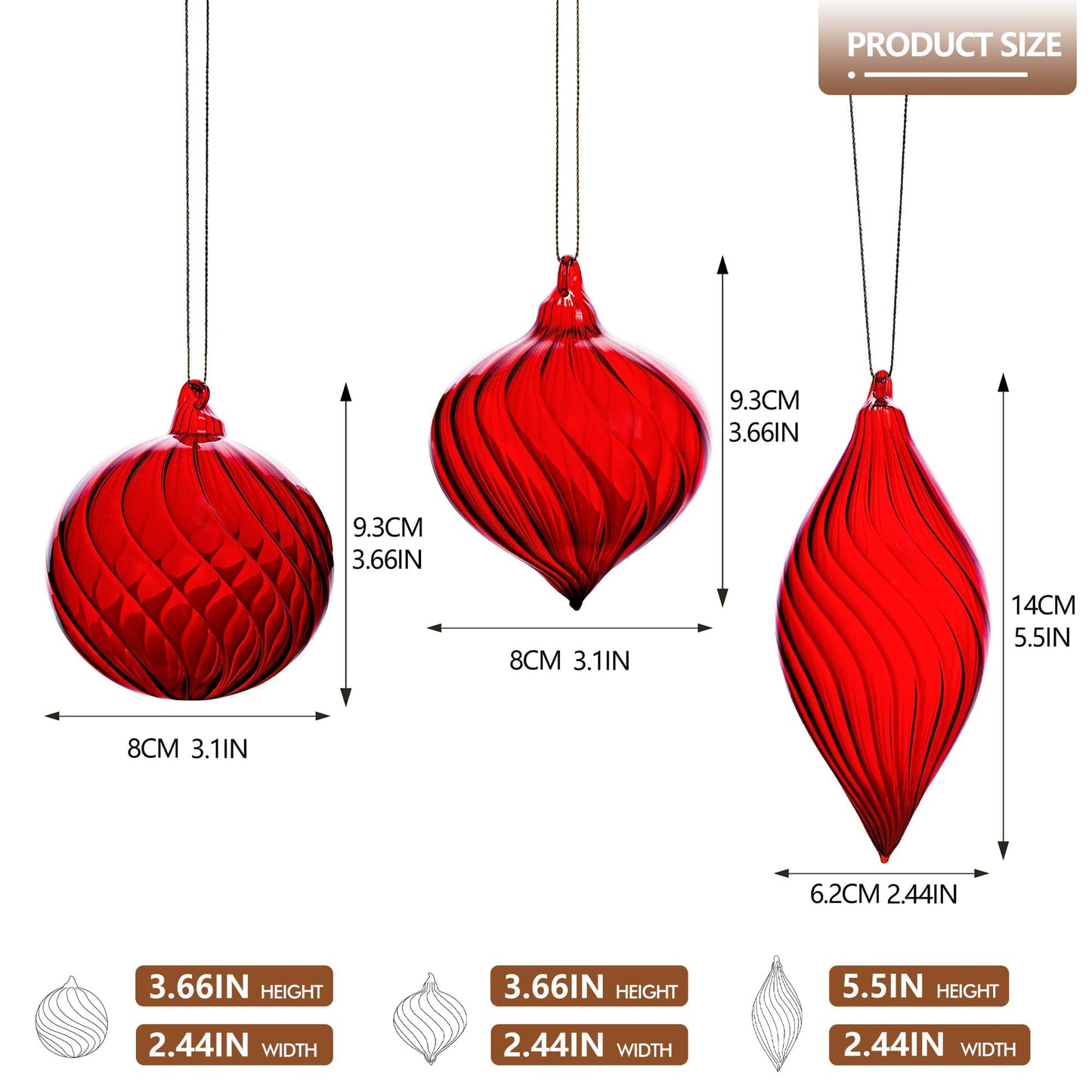 3 Pcs Hand Blown Glass Christmas Ball Ornaments Hanging Xmas Tree Decorations for Home Wedding Birthday Party Holiday (Red)