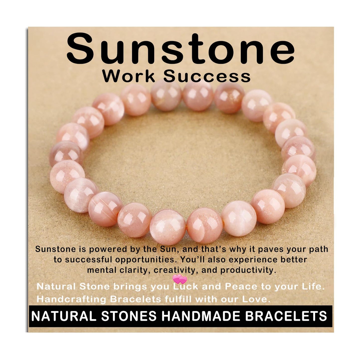AD Beads Handmade Gemstone Stretch Elastic Bracelet Crystal Healing Reiki Nature's Beauty and Spiritual Essence Unisex (8mm, Sunstone (Work Success))