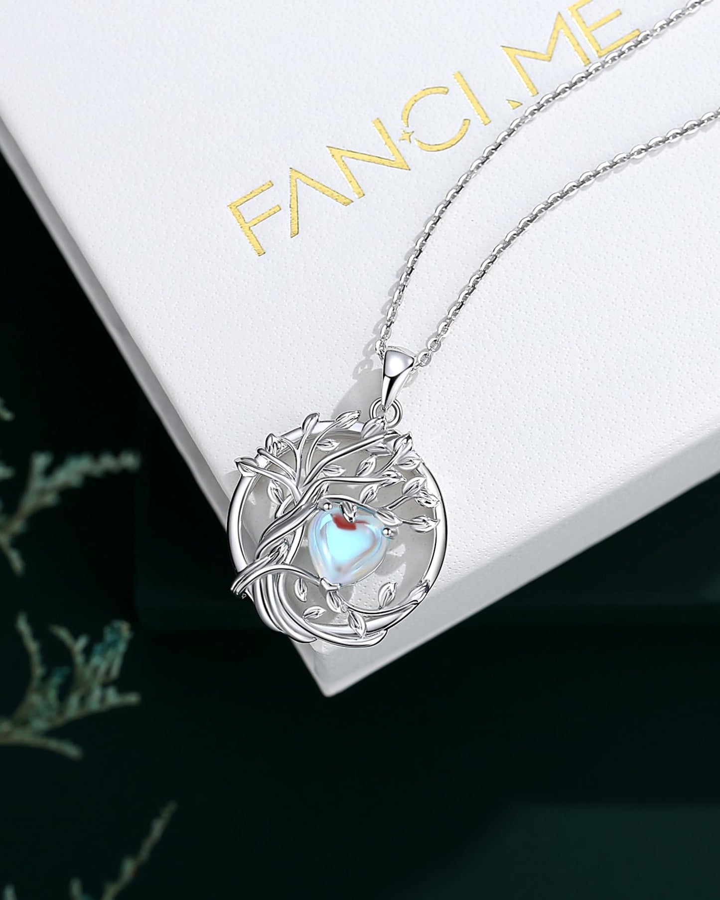FANCIME Tree of life June Birthstone necklace for women Sterling Silver Tree Jewelry Moonstone Pendant Rainbow Gemstone Anniversary Birthday Christmas Gifts for Wife Mom Her