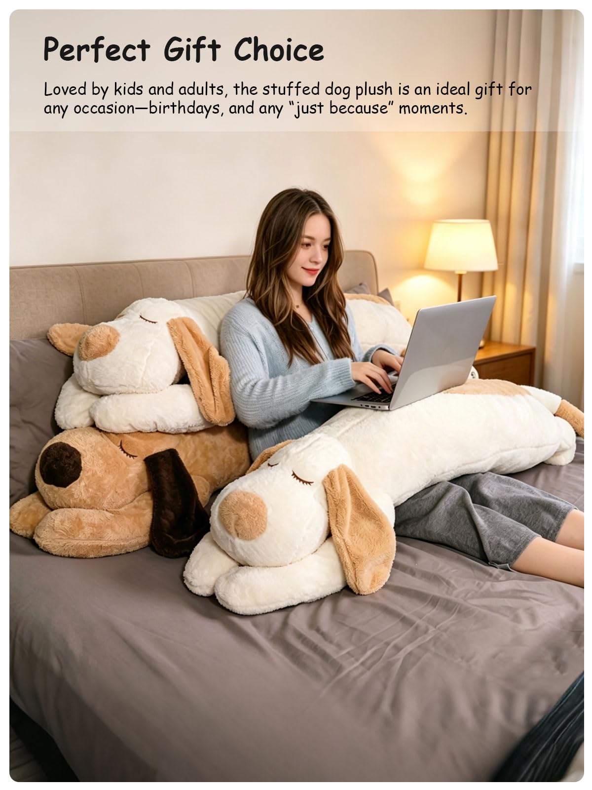 FIAEUGZKM Large Dog Plush Body Pillow, 45" Long Fluffy Dog Stuffed Animal for Girls, Soft Cuddly Stuffy Birthday Gift Home Decor Plushy Toy for Kids Teens Adults Girlfriends, White