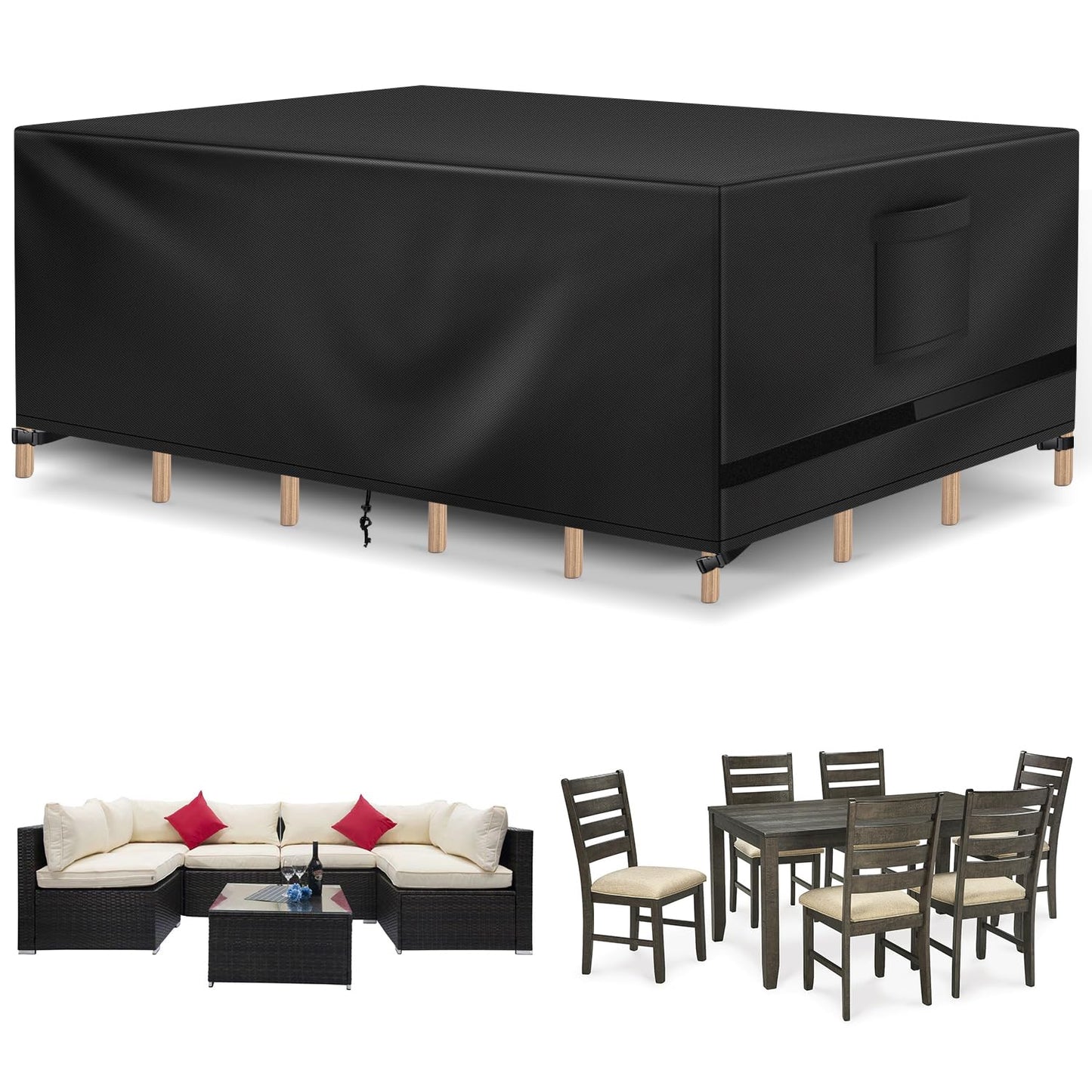 Richwon Patio Furniture Cover, Waterproof Rectangle Outdoor Table Cover, Heavy Duty Sectional Set Protection 108"L x 82"W x 28"H, Black