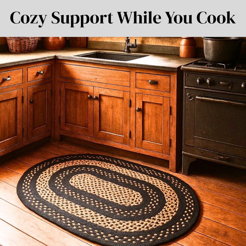 Charleston Oval Braided Rugs 27x45 - Ideal as Black and Tan Kitchen Rugs for Primitive Decor