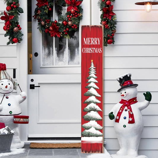 Christmas Porch Sign Christmas Tree Welcome Sign For Front Porch Xmas Snow Red wood grain Home Decor Indoor Outdoor Wooden Vertical Sign For Patio Front Door Porch Wall Yard