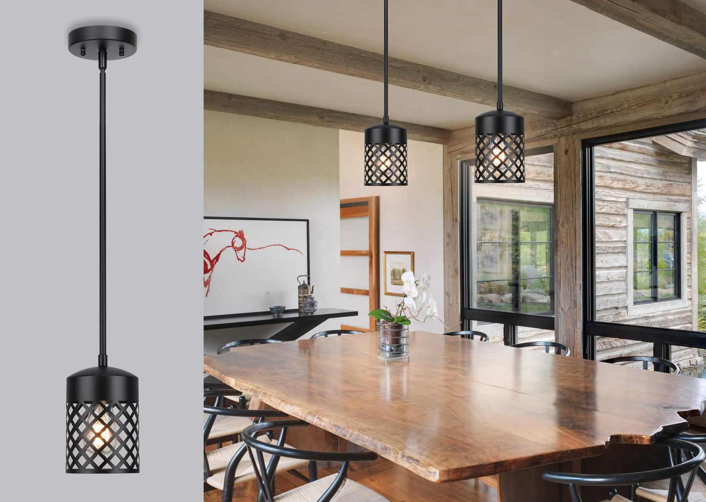 XiNBEi Lighting Black Pendant Lights Kitchen Island, Farmhouse Mini Pendant Light Metal Cage Adjustable Hanging Lighting for Kitchen Dining Room Bathroom XB-P328-MB