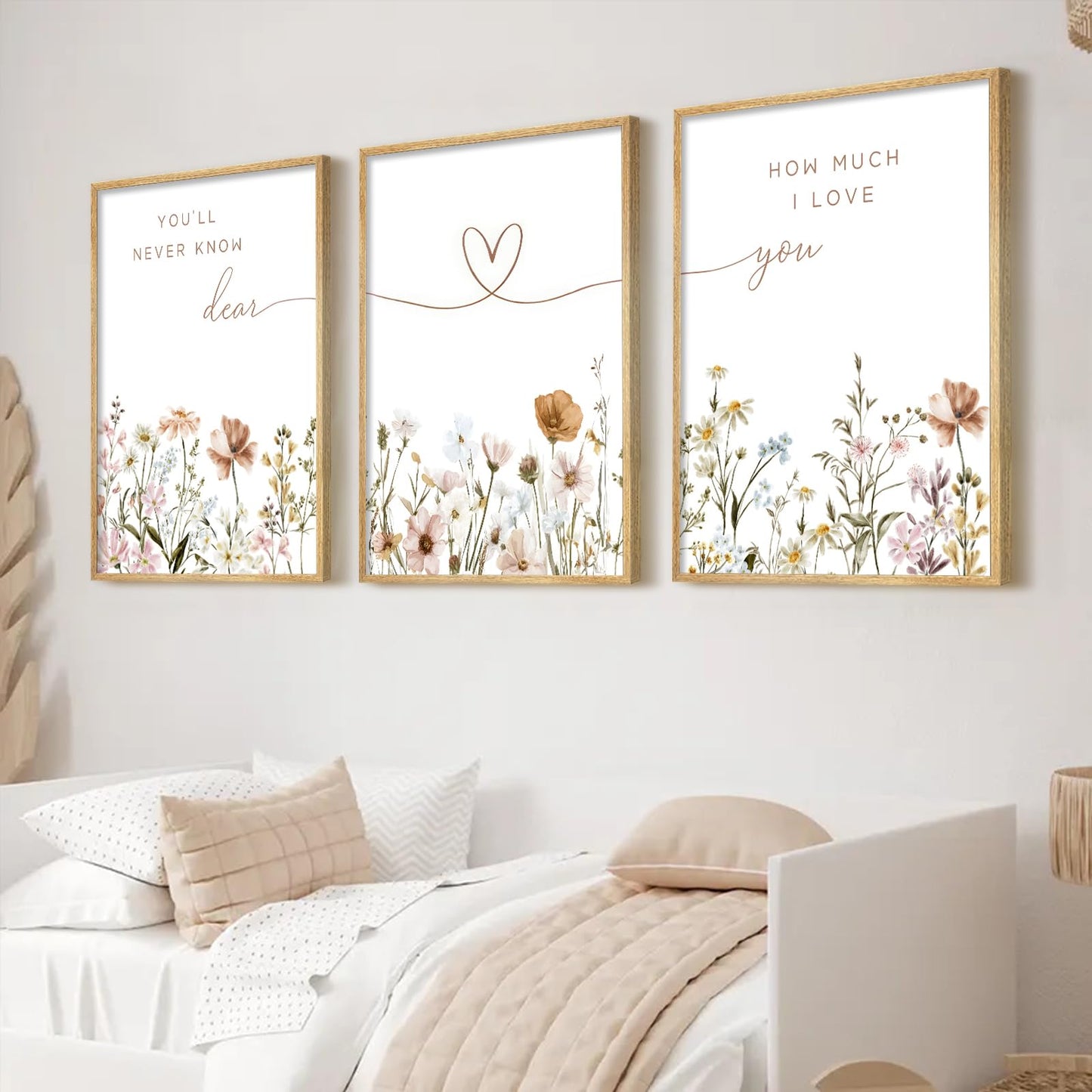 3Pcs Framed Boho Nursery Wall Art Flower Botanical Sentence Painting Picture Wall Decor Wildflower Children's Room Poster Print Artwork for Nursery Baby Room Living Room Bedroom Home Decoration