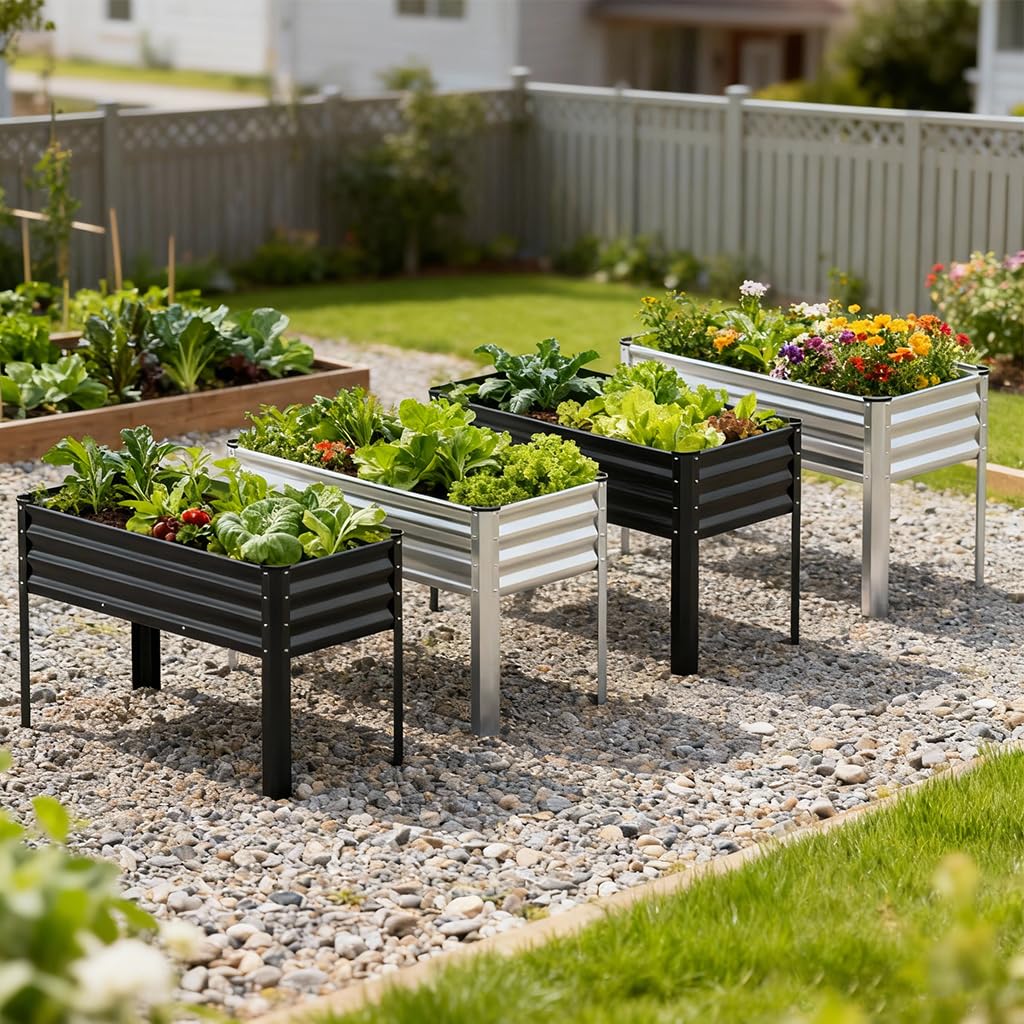 COMHOMA 2 Pack Raised Garden Bed with Legs 4x2x2.5ft,Large Elevated Galvanized Metal Planter Box with Drainage Holes,Outdoor Growing Kit with Gloves Tools for Backyard Patio Lawn,Sliver