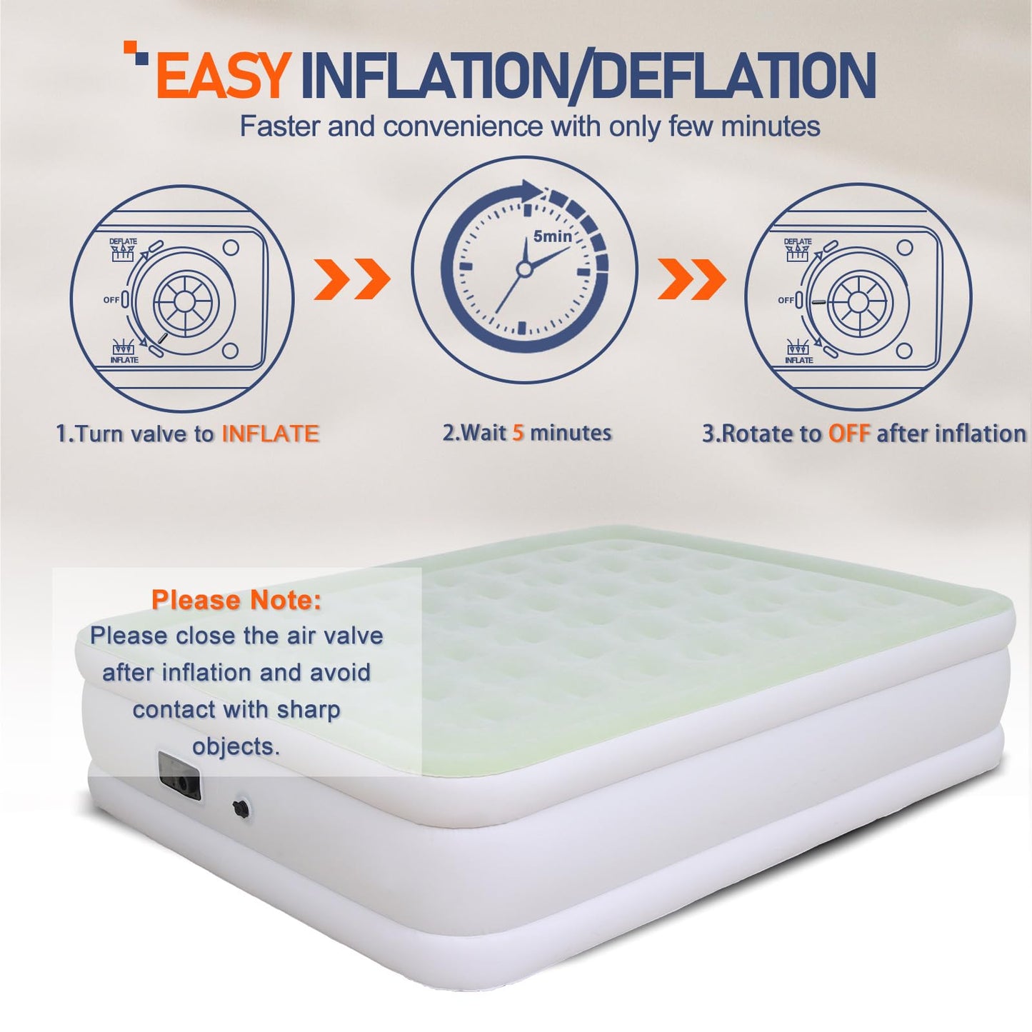 Outraveler Queen Size Air Mattress with Built in Pump, Inflatable Bed Blow Up Mattress 18in, Green White