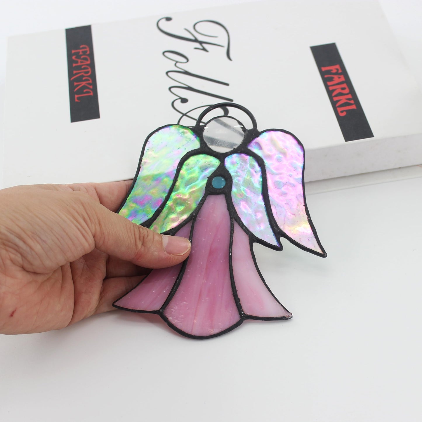 Stained Glass Angel Window Hanging Pink Angel Sun Catcher Handmade Home Ornament Decor Thank You Mother Gifts for Family,Friends,Nurse,Memorial
