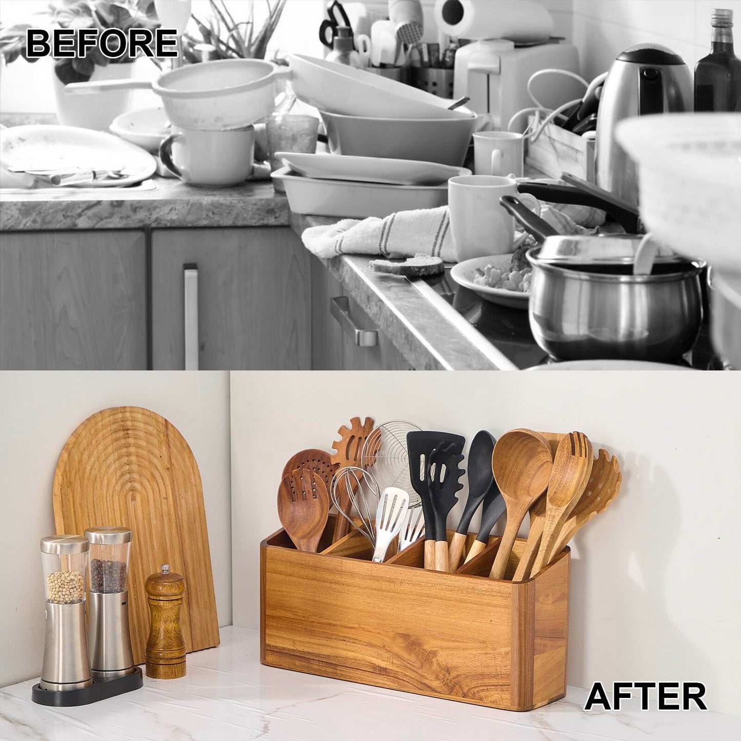 Wooden Utensil Holder for Kitchen Counter, Acacia Wood Kitchen Utensil Holder for Countertop with 4 Compartment, Cooking Utensil Organizer, Silverware Caddy (Acacia Wood, 4Compartment)