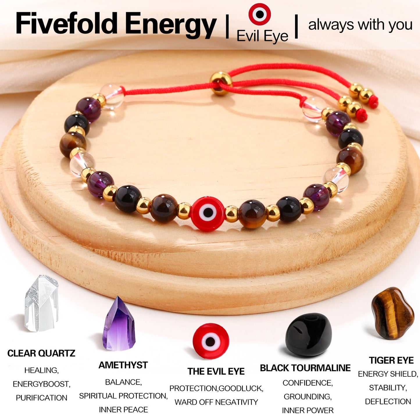 Cute Evil Eye Bracelet Red Black - Natural Crystal Protection Adjustable Spiritual Guardian Jewelry- 5 Healing Stones Clear Quartz Amethyst Black Tourmaline Tiger Eye Bracelet Adjustable (Red Eye-Red Rope)