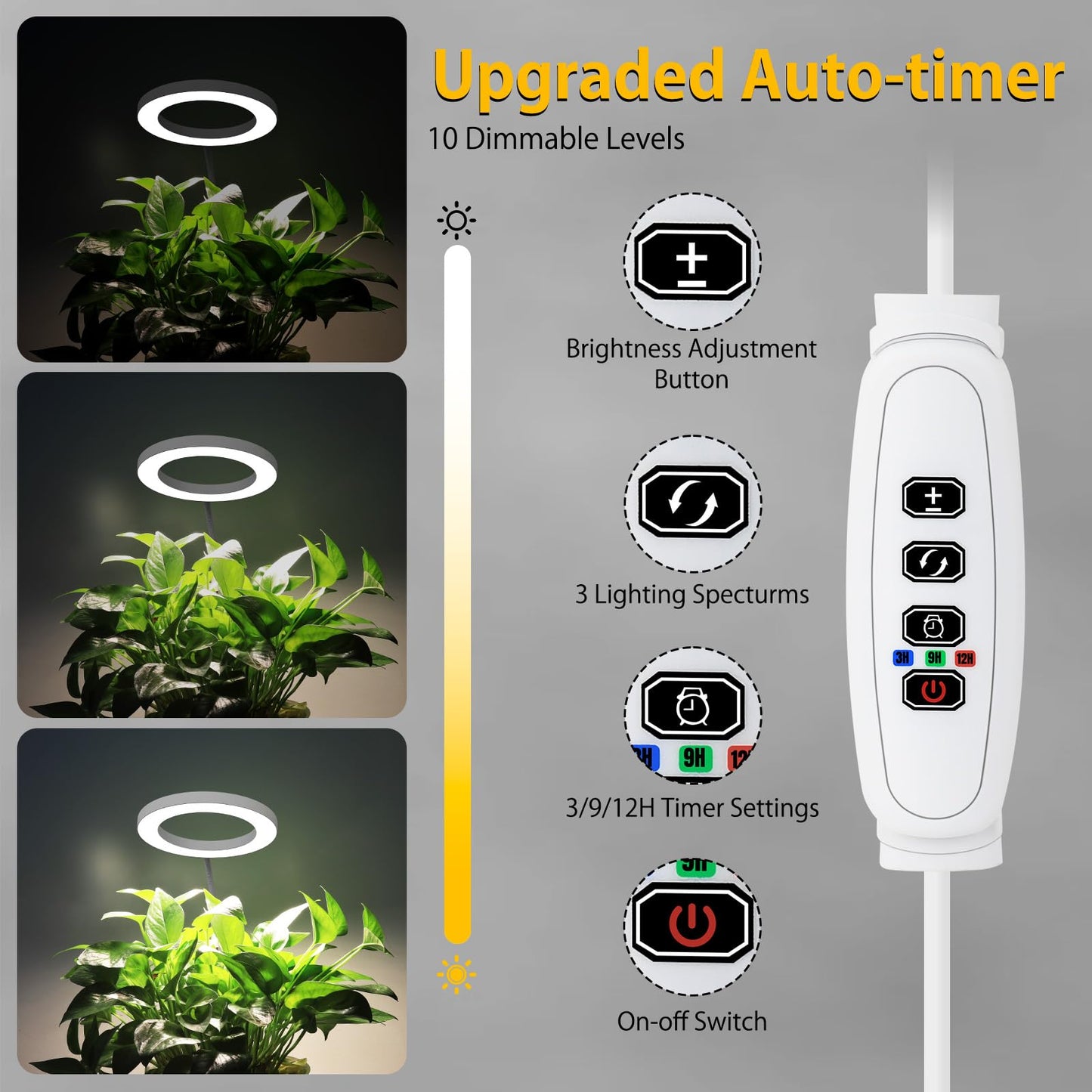 Grow Lights for Indoor Plants - Full Spectrum LED Plant Growing Light with 3H/9H/12H Auto Timer, Height Adjustable (16-67"), 3 Color Modes, 10 Dimming - Sun Lamp for Large Tall Small Plant- White