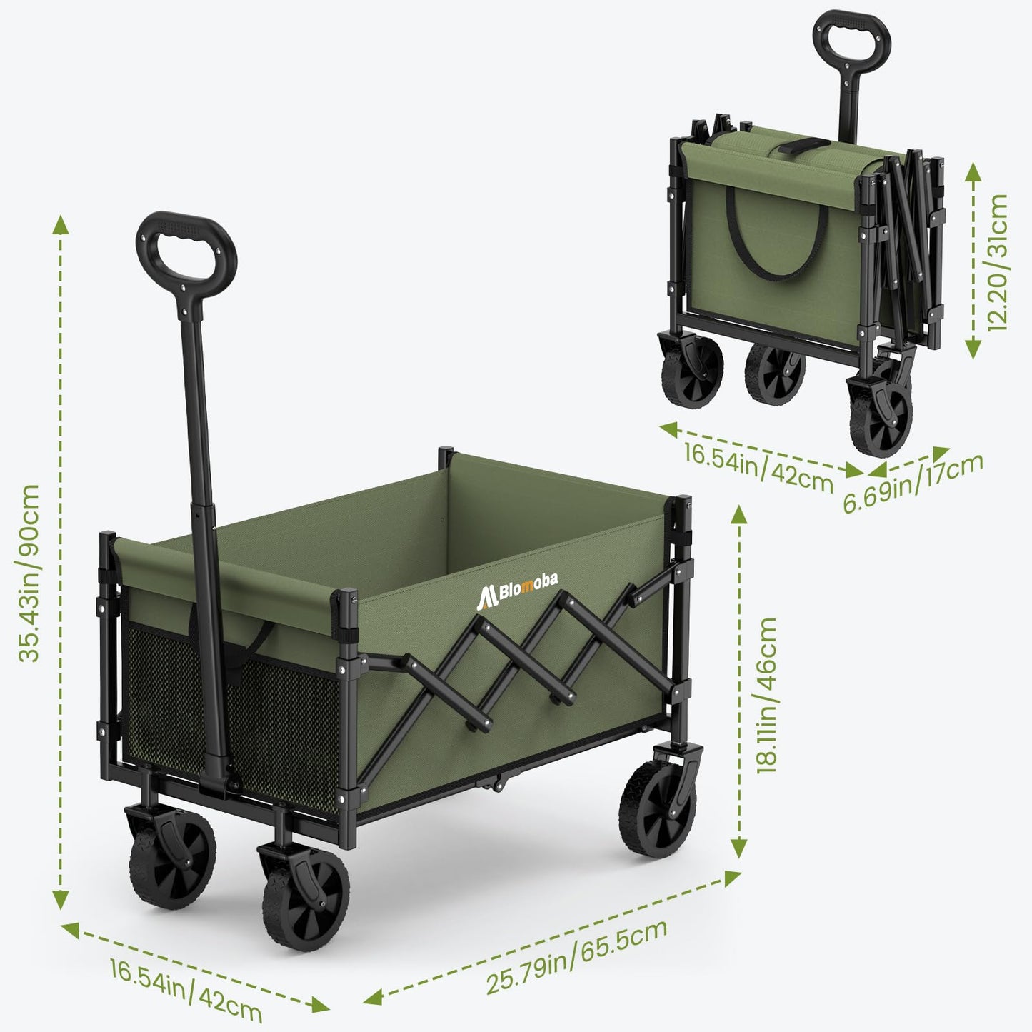 Collapsible Wagon with Wheels, 220 lbs Wagons Carts Foldable Wagon Cart with Flexible Handle, Lightweight Portable Folding Utility Grocery Shopping Cart for Grocery Sports Garden Camping, Green