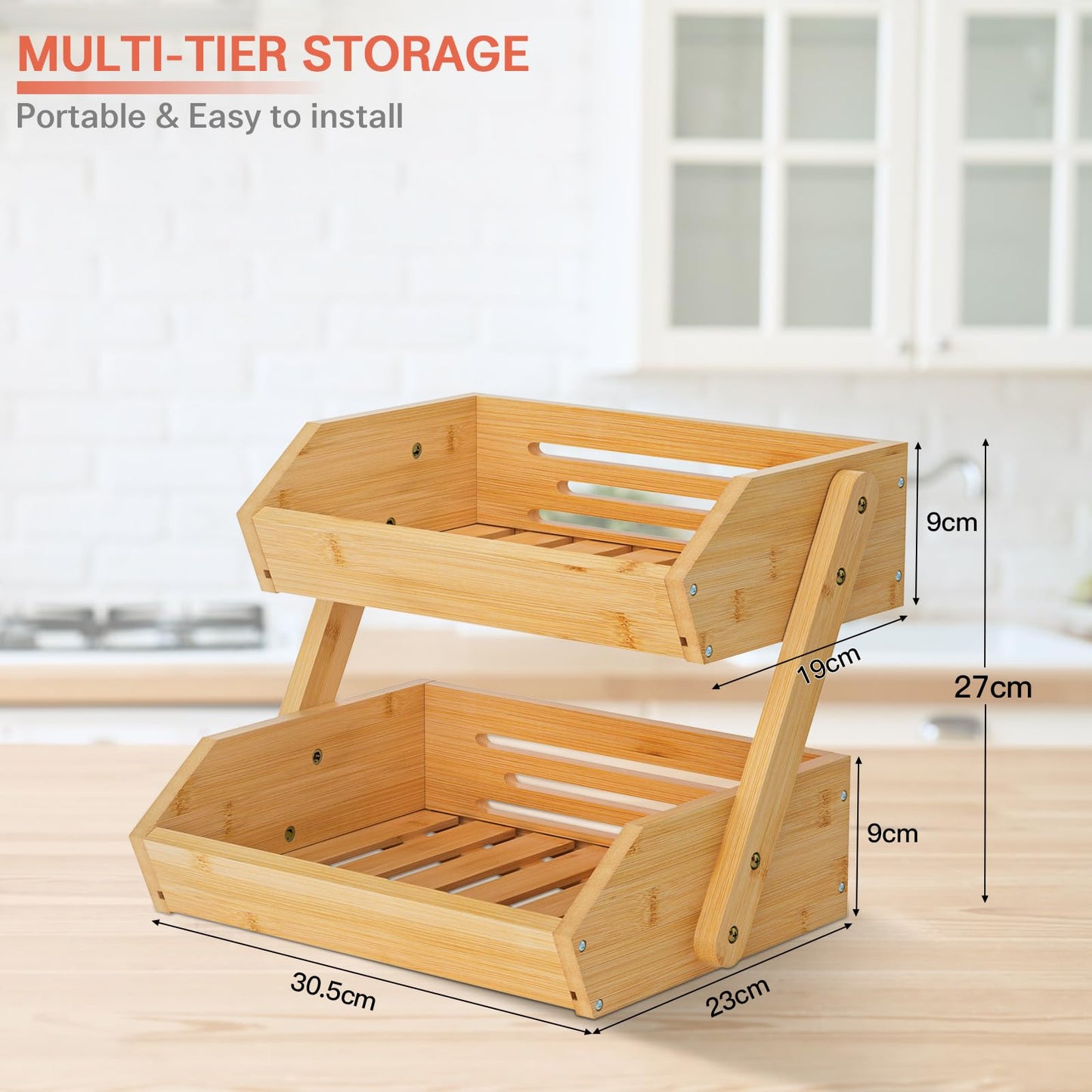 G.a HOMEFAVOR Large Bamboo Fruit Basket, 2-Tier Fruit Bowl for Kitchen Counter, Vegetable Storage Stand for Fruit Shop, 15 mm Thickness (Self-assembly)