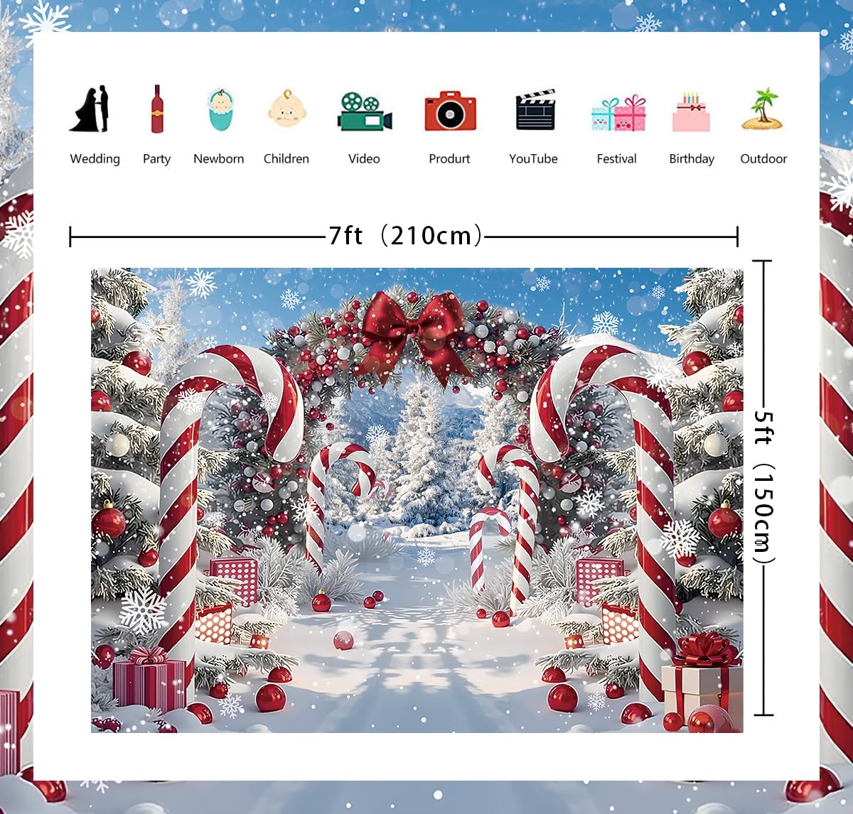 Merry Christmas Candy Cane Backdrop for Photography Winter Snow Scenery Christmas Tree Photo Background Xmas Holiday New Year Eve Family Party Decoration Banner Supplies (82x59 inch (7x5FT))