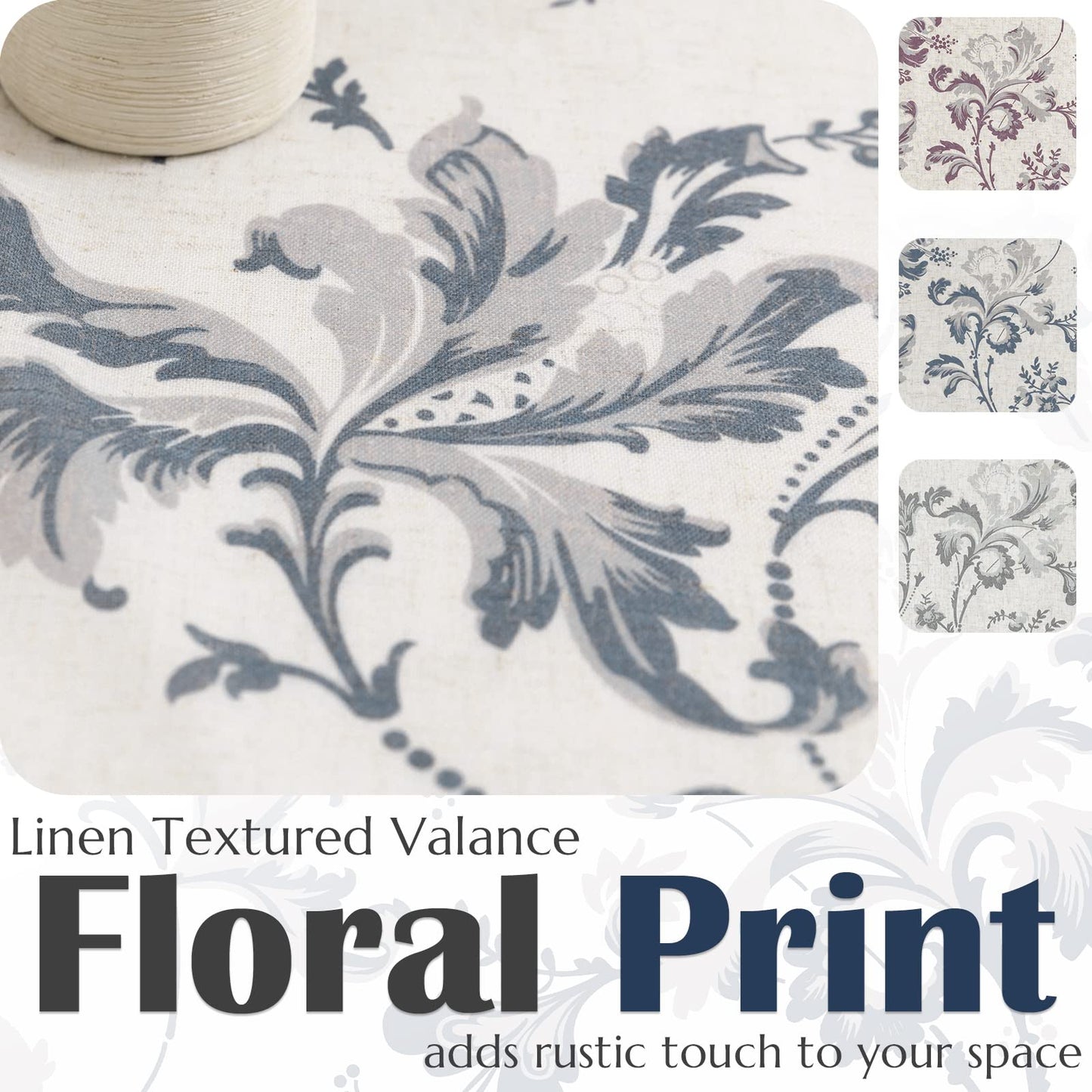 jinchan Linen Valance Curtain Farmhouse Window Decor Floral Print for Kitchen Living Room Double Layer Blackout Valance 18 Inches Rustic Window Treatment 1 Panel Rod Pocket Blue on Beige