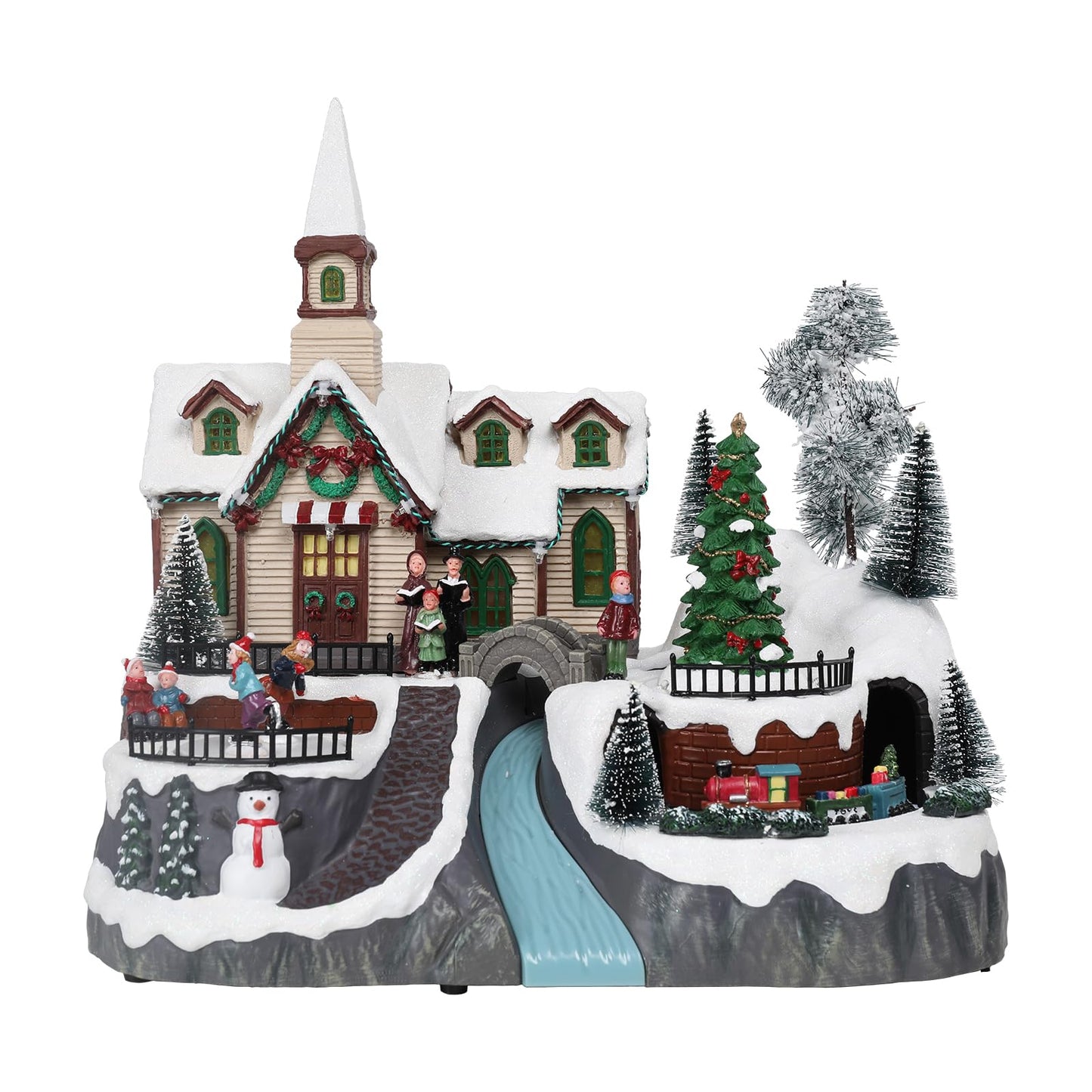 WONDER GARDEN Christmas Village Houses Church House Villages with Rotating Tree,Moving Train and Dancing Kids Musical Lighted Christmas Collectible Buildings for Indoor Decor or Gift