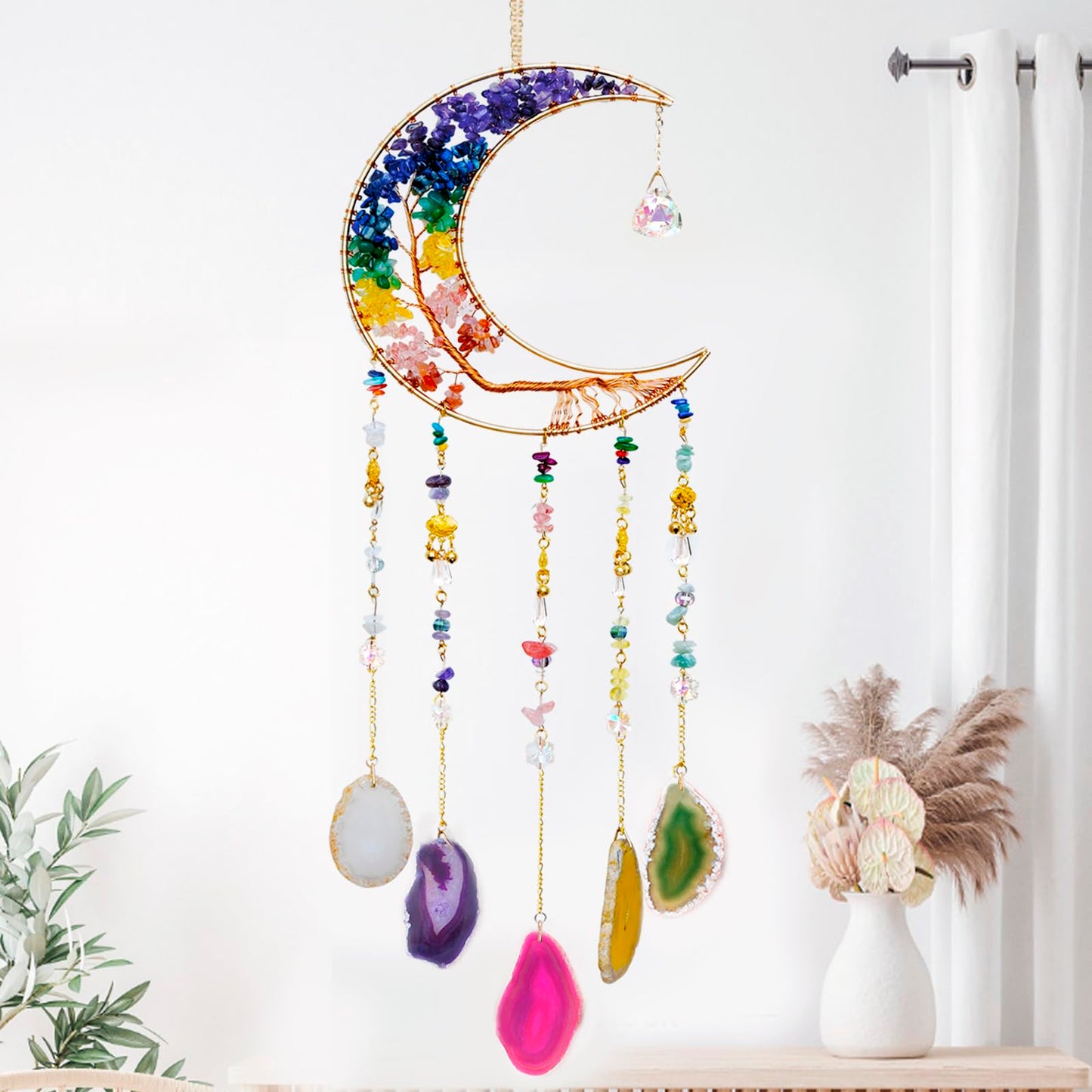 7 Chakra Crystal Wind Chimes, Moon Shaped Dream Catcher, Sun Catchers, Healing Crystal Decor, Reiki, Feng Shui Metal Art Wall Decor for Room, Bedroom, Home, Unique Gifts for Women for Good Luck