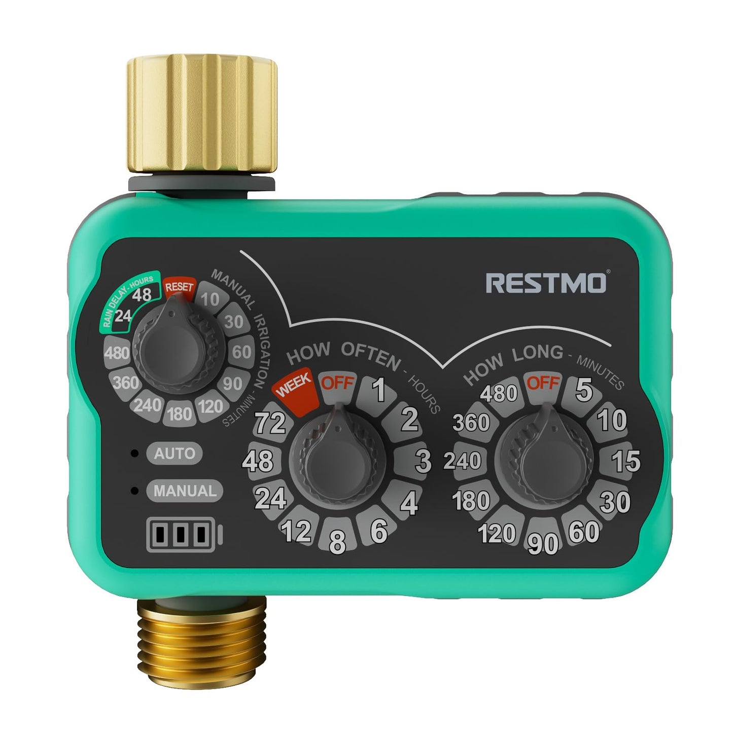 RESTMO 3-Dial Analog Sprinkler Timer with Brass Inlet & Outlet, Mechnical Water Timer for Garden Hose with Manual/Rain Delay, Automatic Drip Irrigation System, 480 Minutes Max Watering, Easy to Set Up