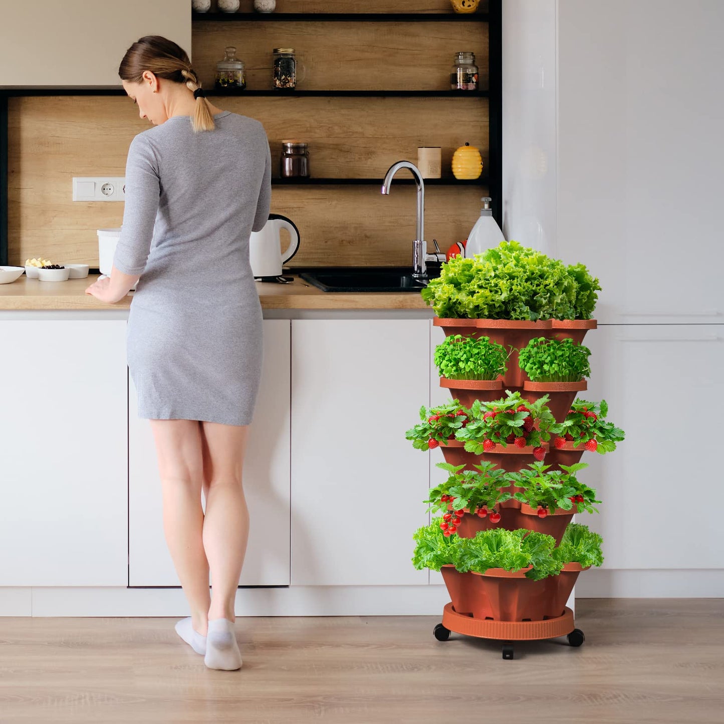 Tectsia Strawberry Vertical Planters 2 Pack, 5 Tiered Stacking Tower Garden with Support Pole, Stackable Herb Vegetable Planters Indoor Outdoor Terra Cotta